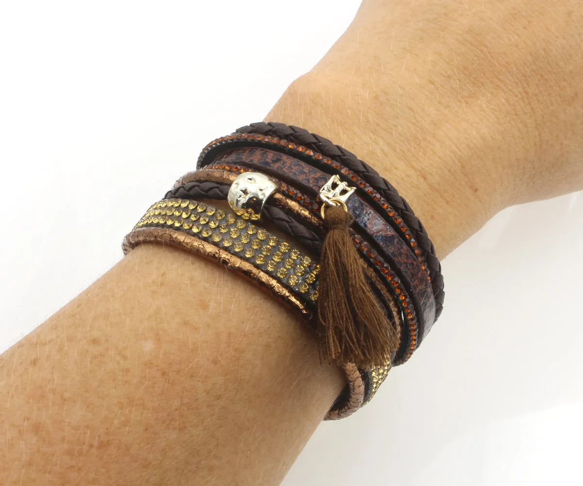 Rhinestone Tassel Brown Leather Bracelet