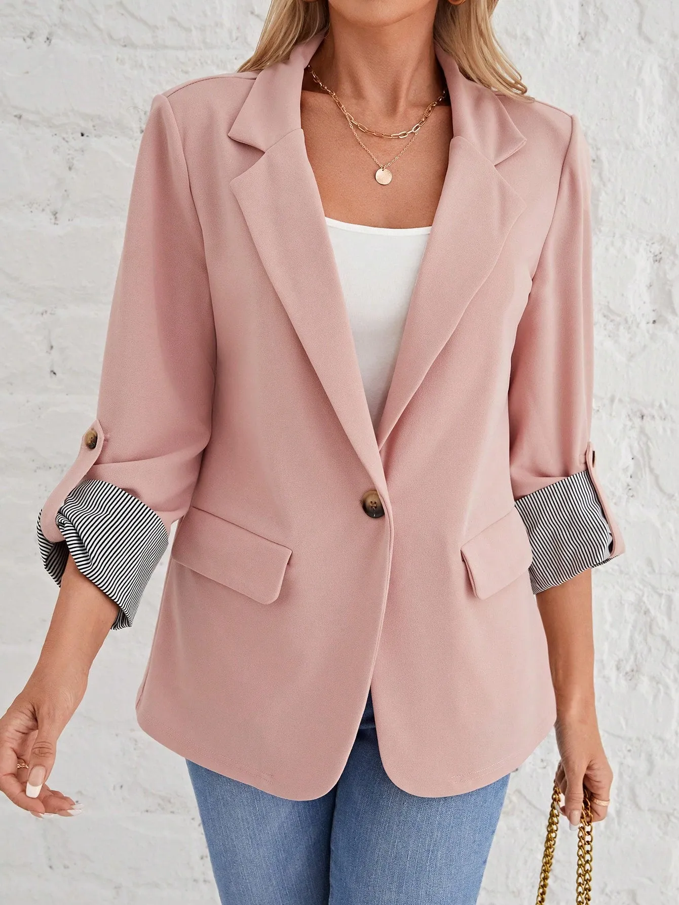Roll Tab Sleeve Open Front Blazer