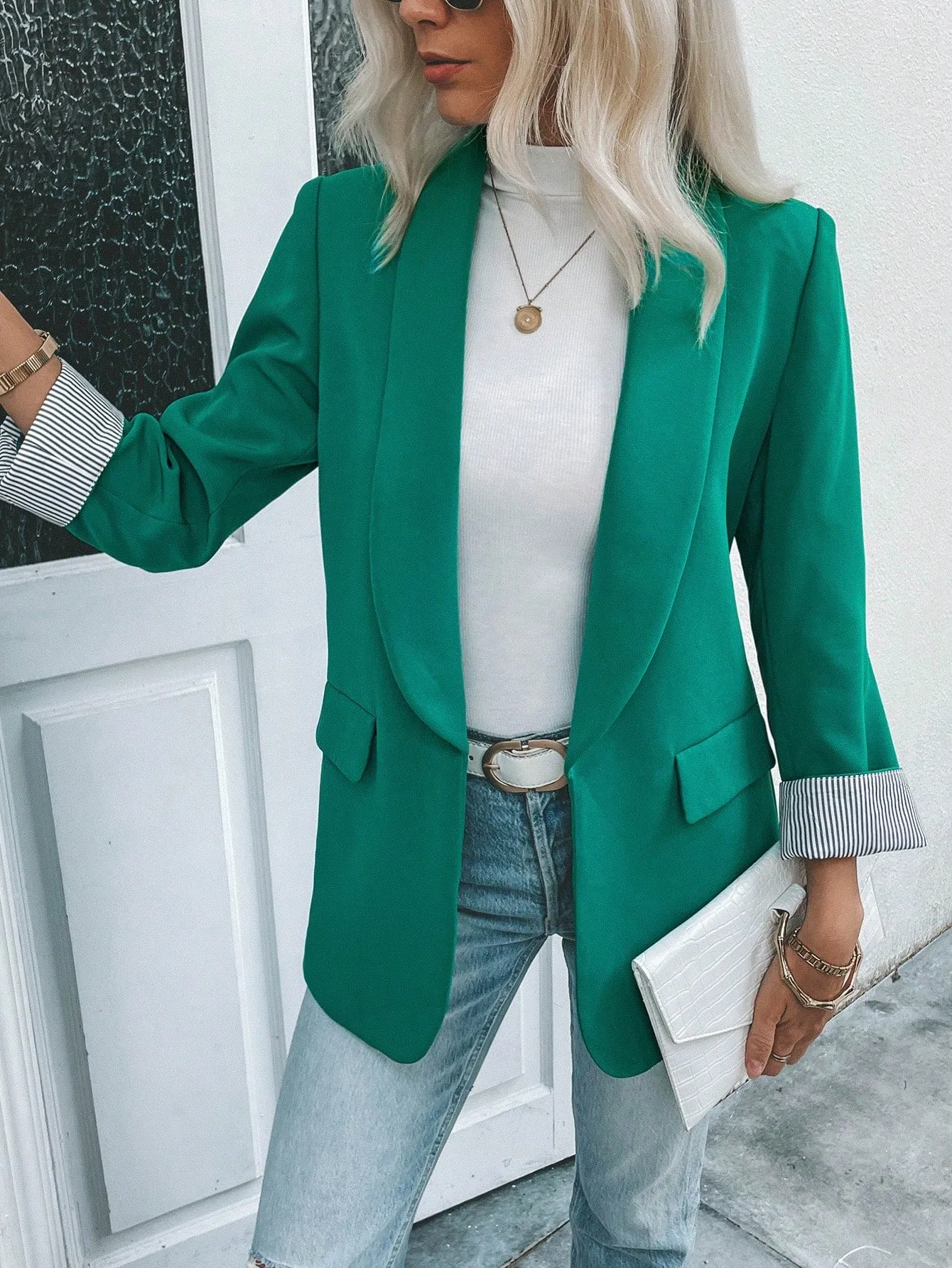 Roll Tab Sleeve Open Front Blazer