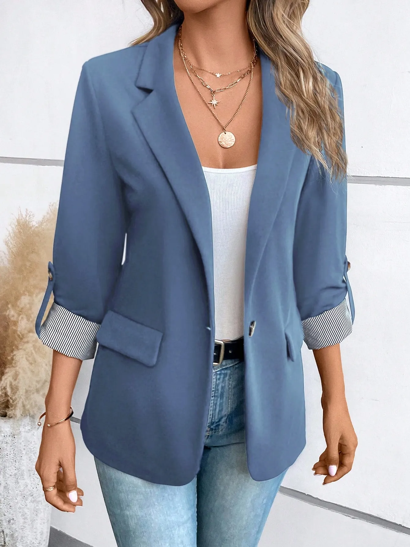 Roll Tab Sleeve Open Front Blazer