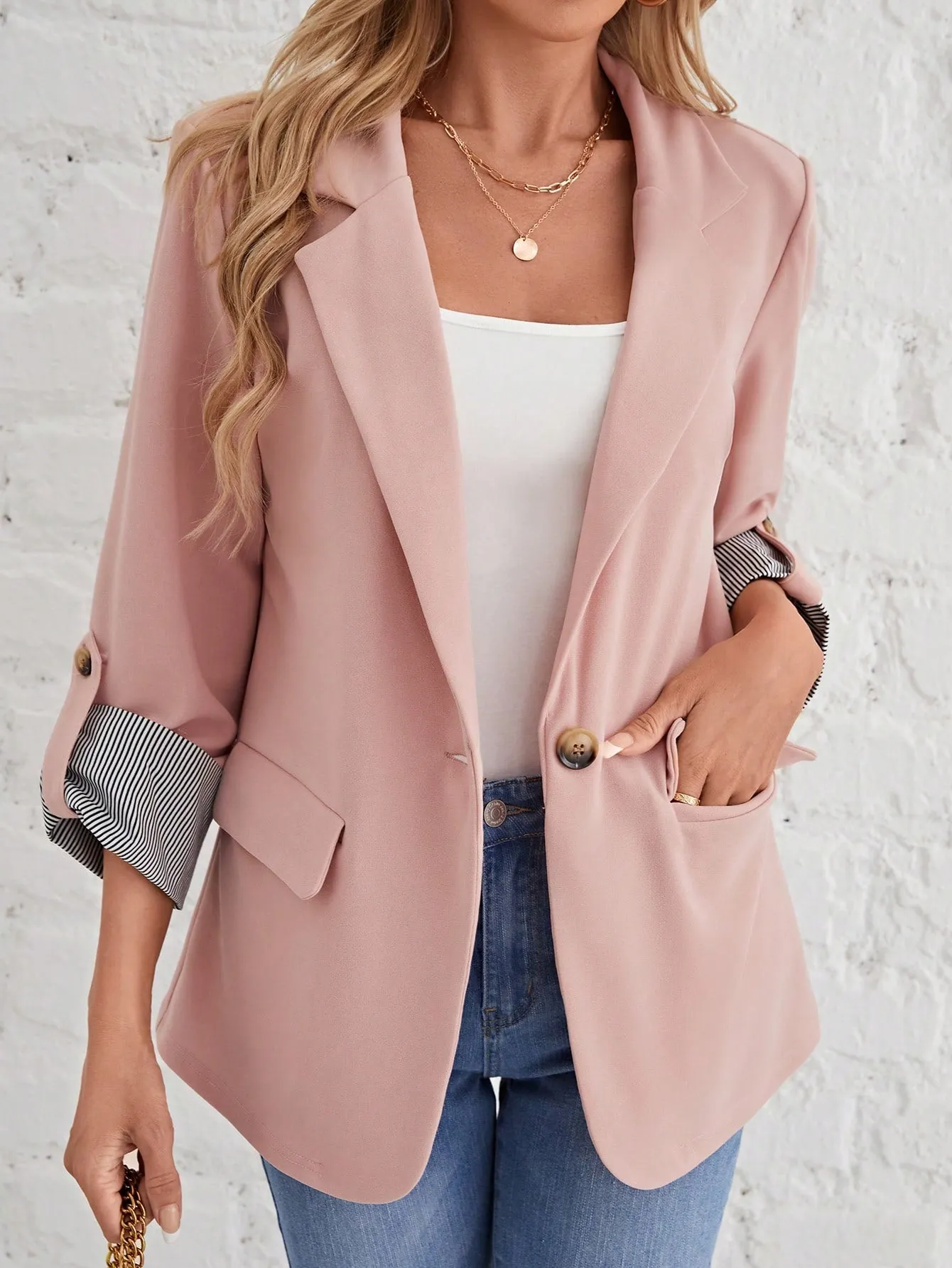 Roll Tab Sleeve Open Front Blazer