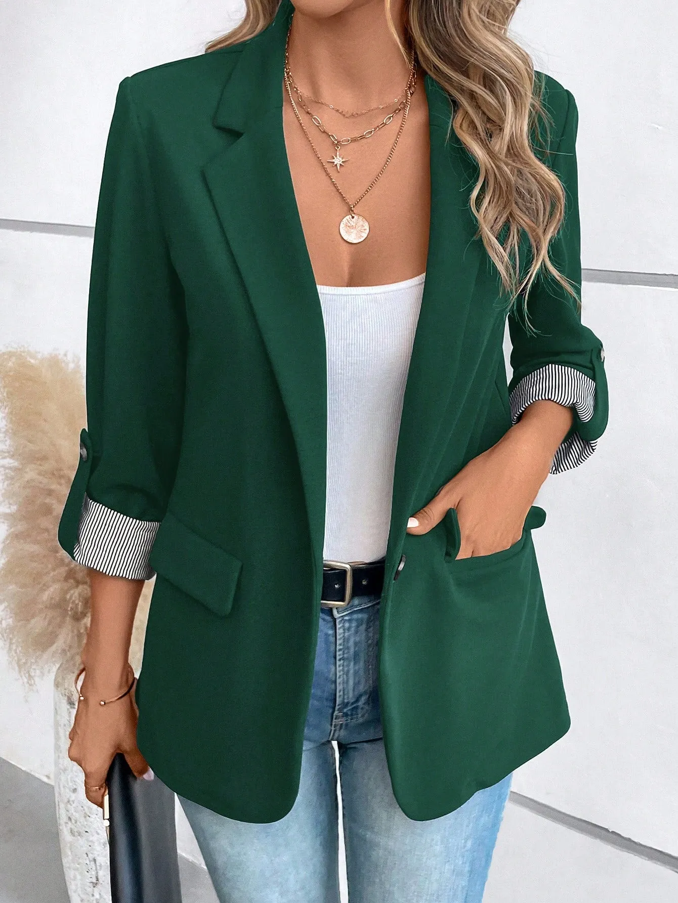 Roll Tab Sleeve Open Front Blazer