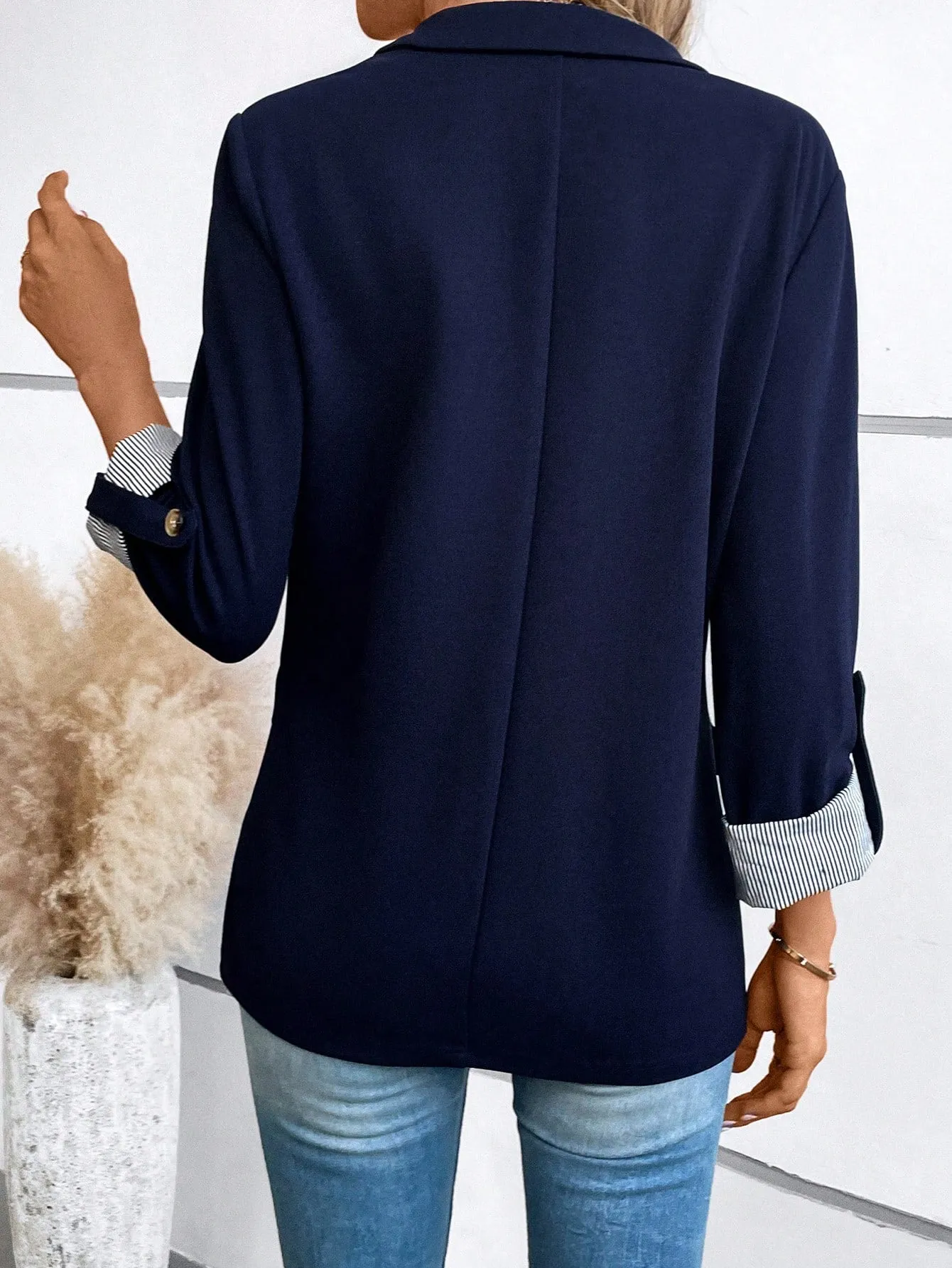 Roll Tab Sleeve Open Front Blazer