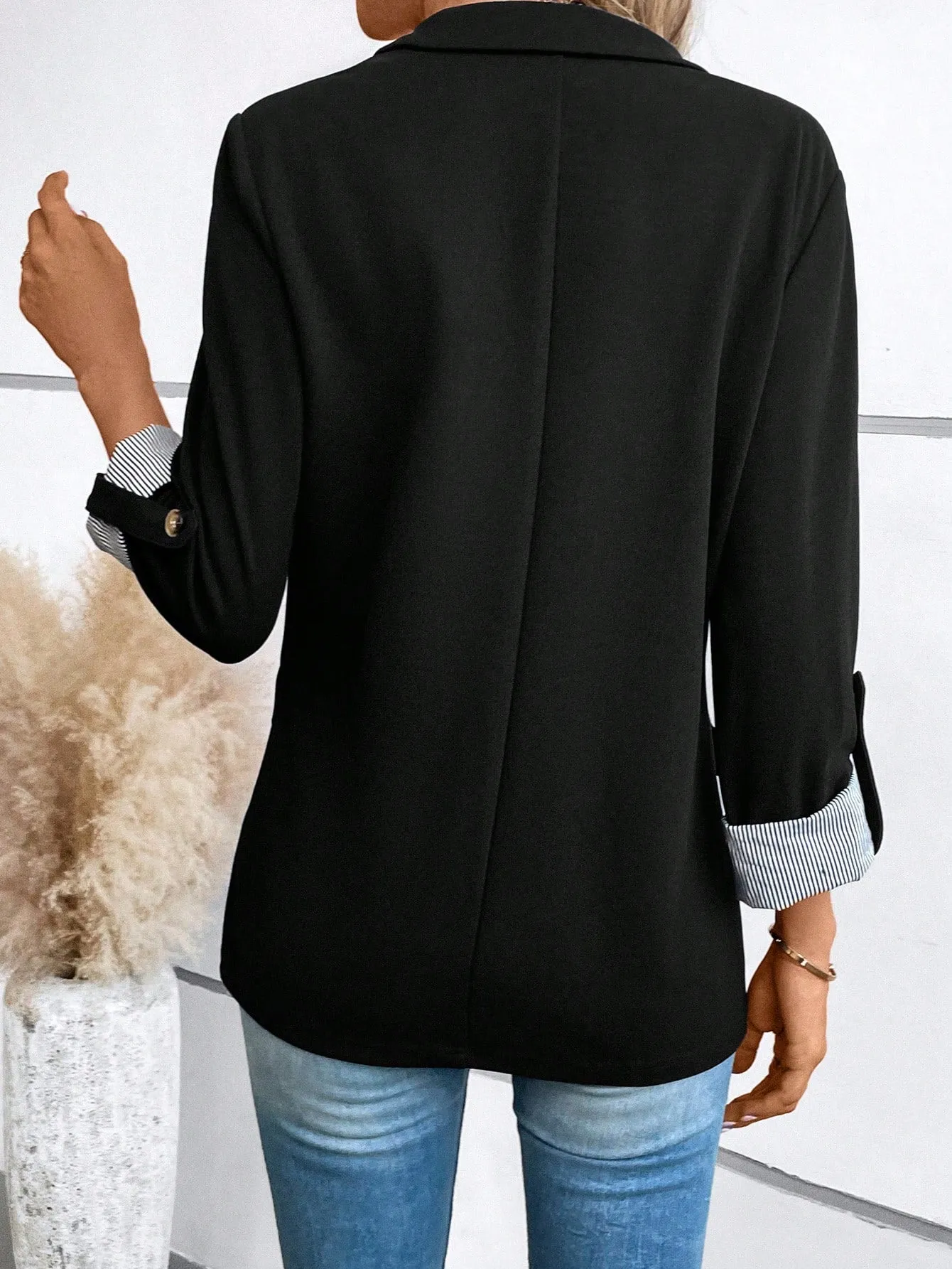 Roll Tab Sleeve Open Front Blazer