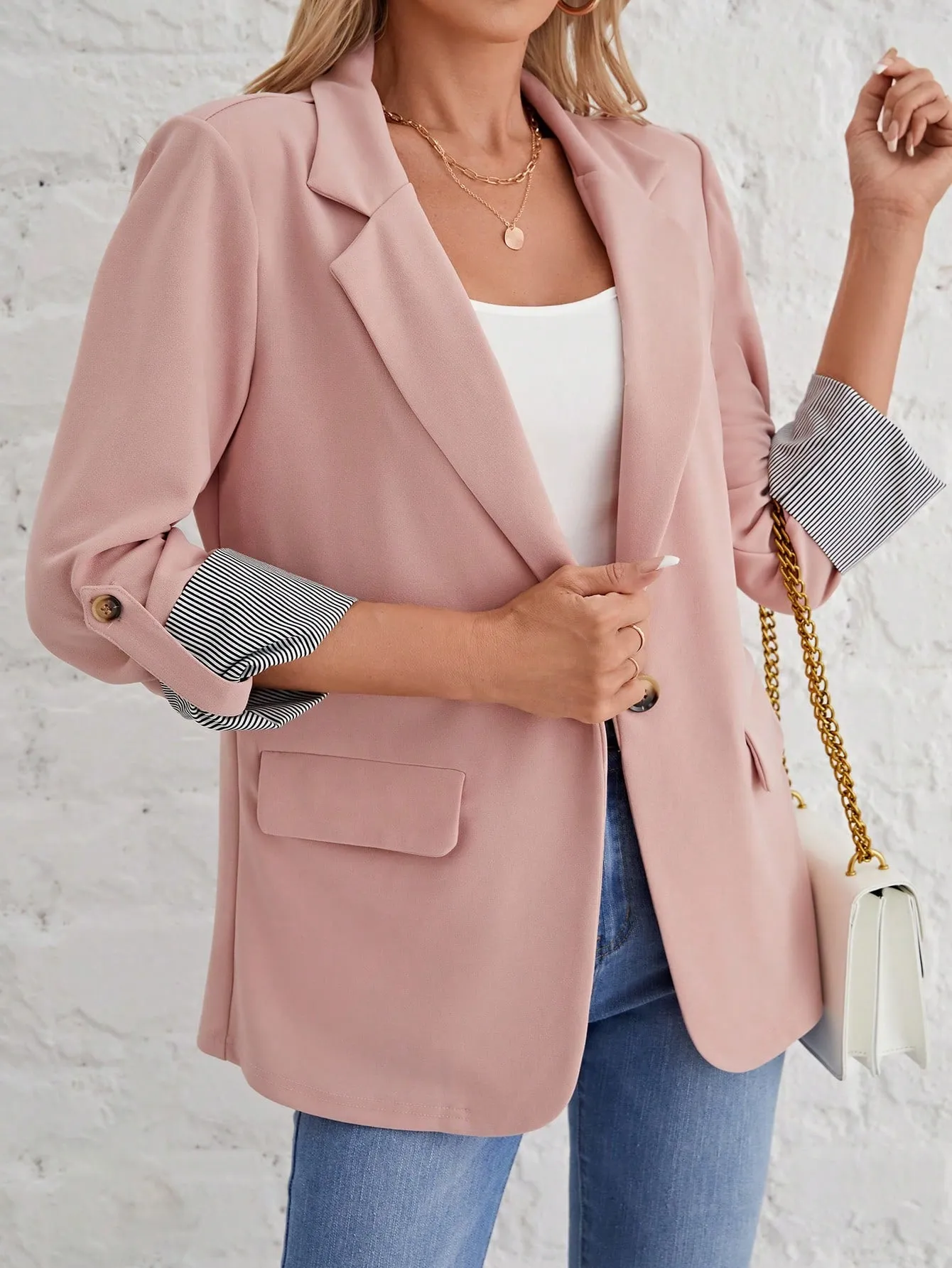 Roll Tab Sleeve Open Front Blazer