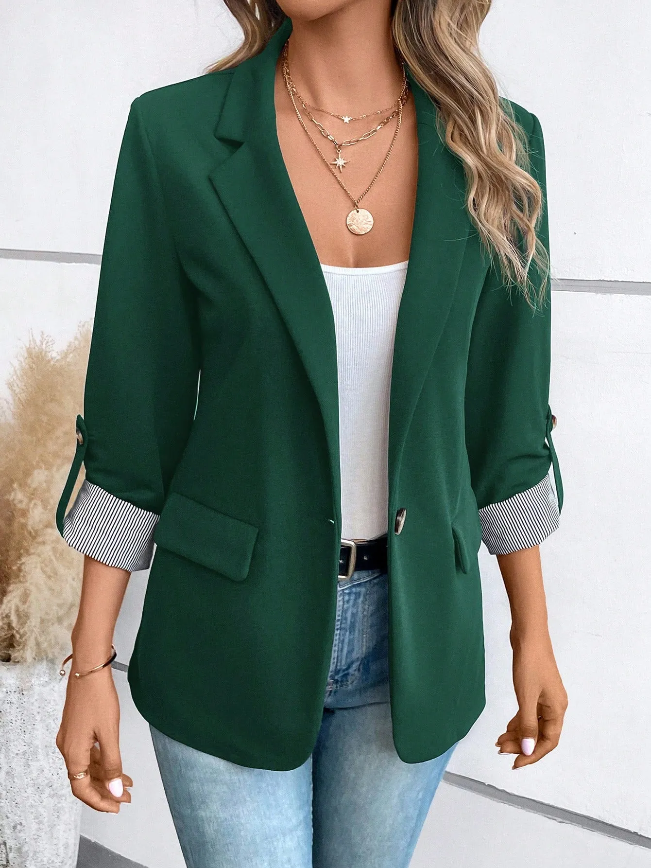 Roll Tab Sleeve Open Front Blazer