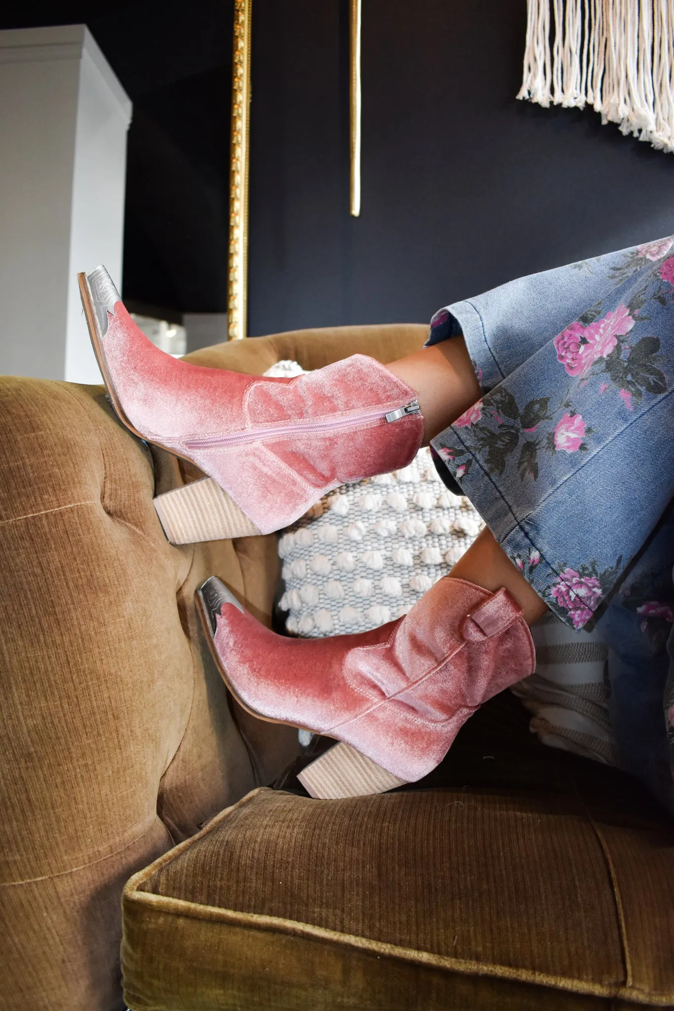 Rose Velvet Western Booties