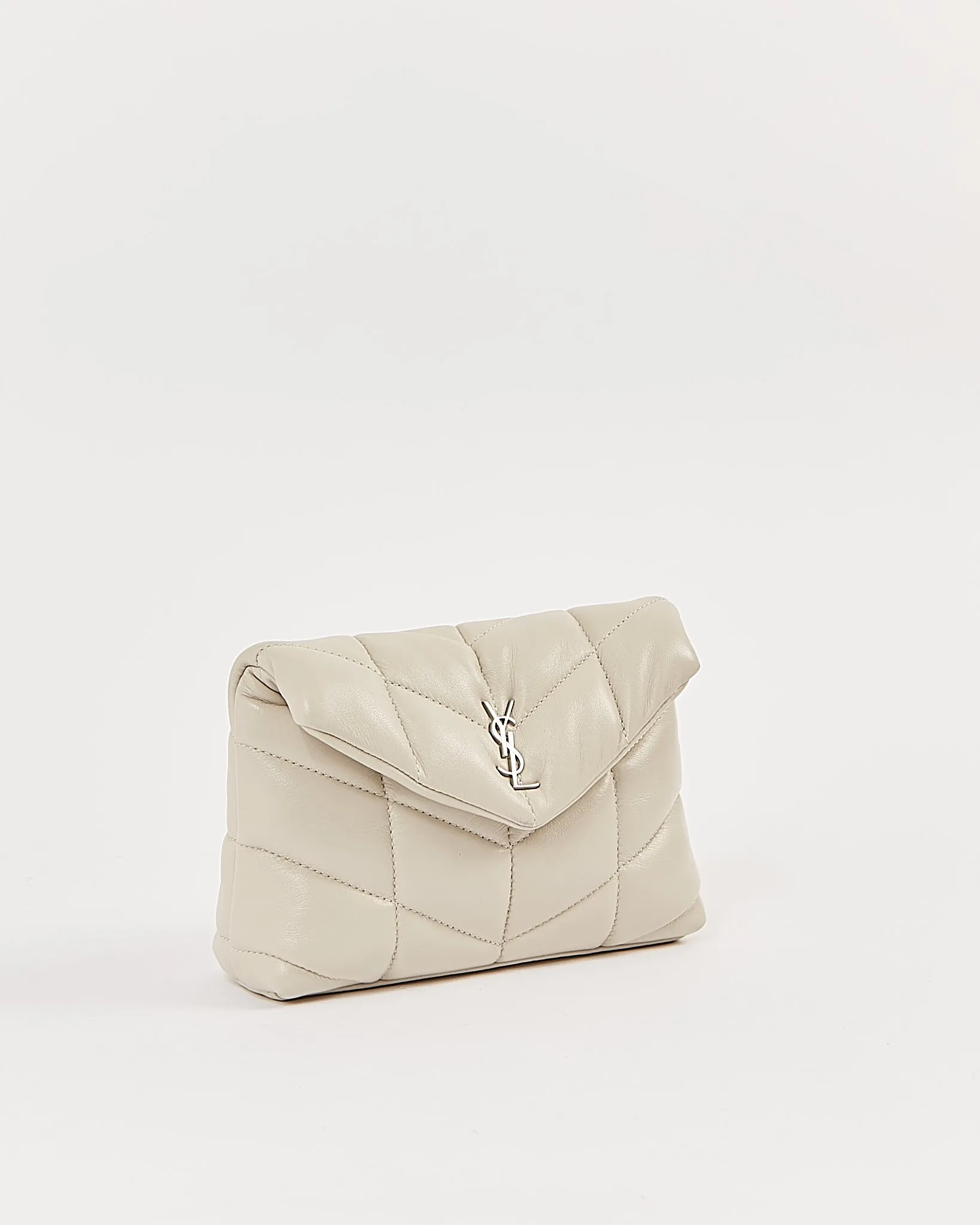 Saint Laurent Off White Monogram Quilted Small Puffer Pouch