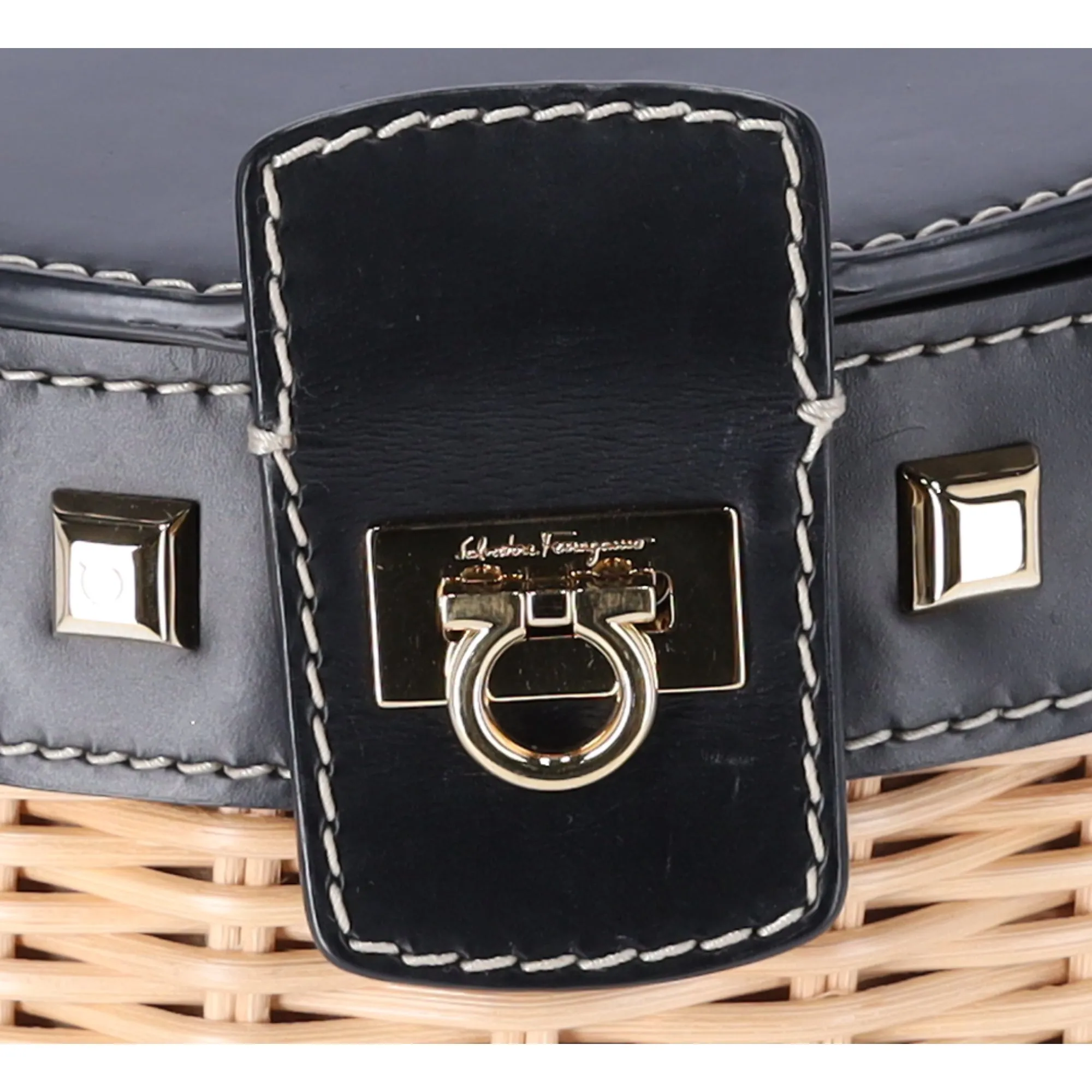 Salvatore Ferragamo Gancini Drawstring Bucket Bag Wicker Studded Leather   Pouch