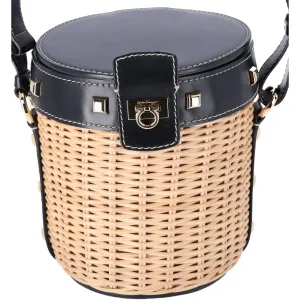 Salvatore Ferragamo Gancini Drawstring Bucket Bag Wicker Studded Leather   Pouch