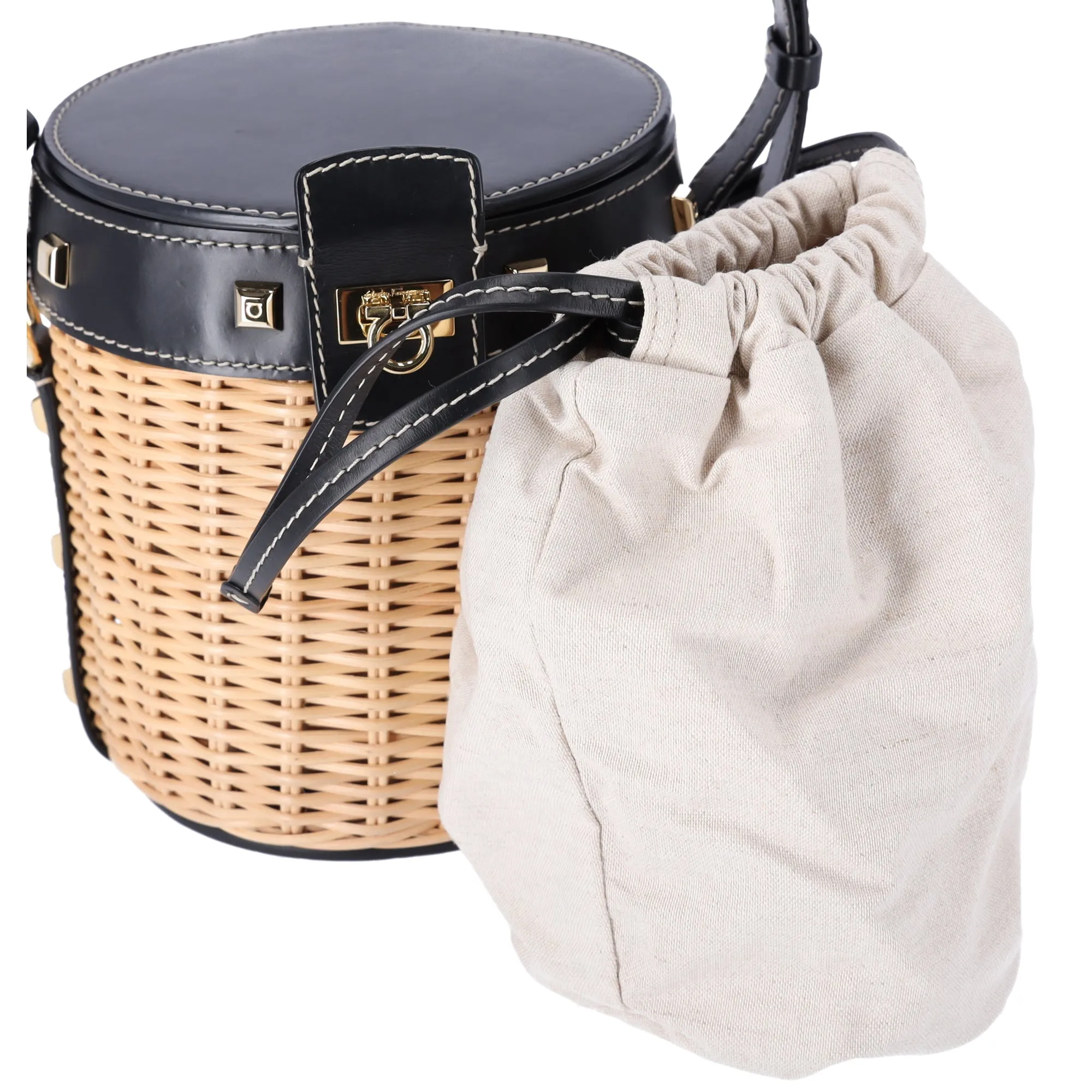Salvatore Ferragamo Gancini Drawstring Bucket Bag Wicker Studded Leather   Pouch