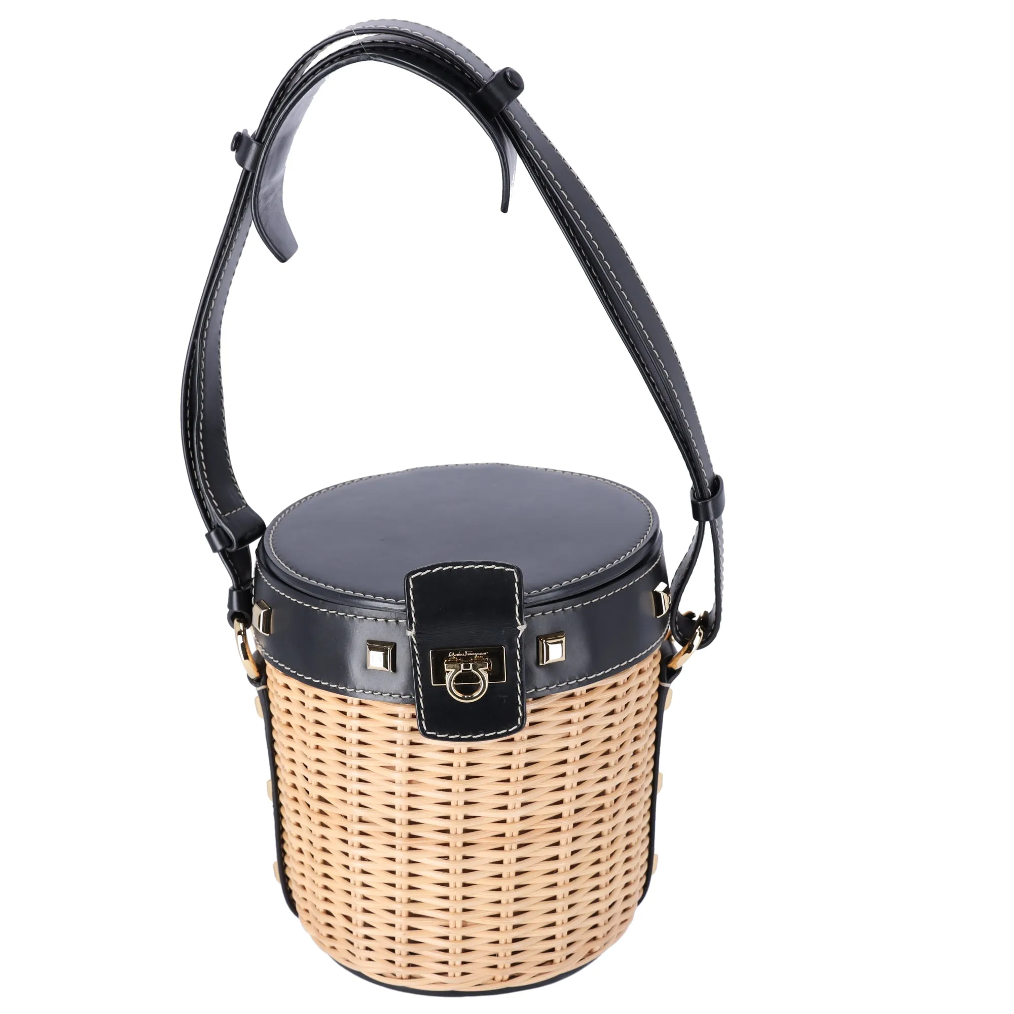 Salvatore Ferragamo Gancini Drawstring Bucket Bag Wicker Studded Leather   Pouch
