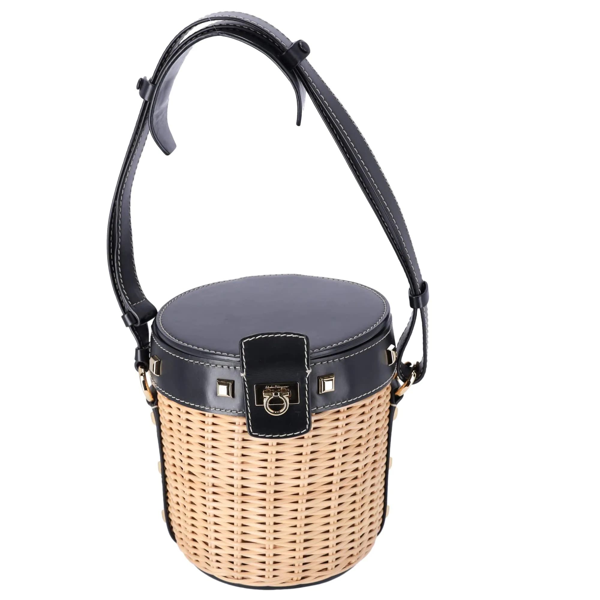 Salvatore Ferragamo Gancini Drawstring Bucket Bag Wicker Studded Leather   Pouch