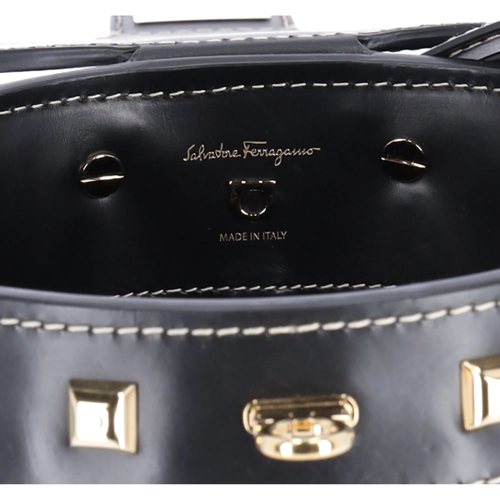 Salvatore Ferragamo Gancini Drawstring Bucket Bag Wicker Studded Leather   Pouch