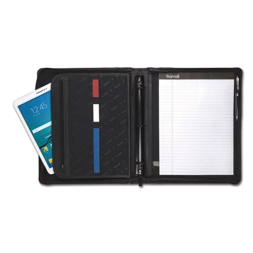 Samsill® Leather Multi-Ring Zippered Portfolio, Two-Part, 1" Cap, 11 X 13 1/2, Black