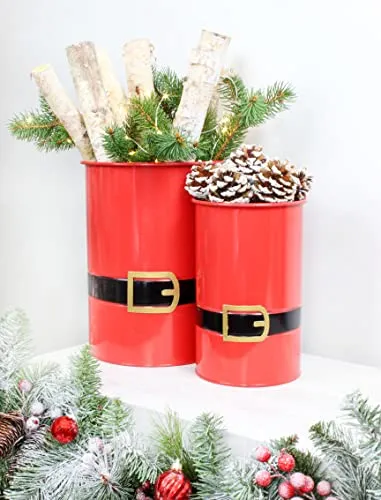 Santa Christmas Greenery Buckets (Set of 2, Red)