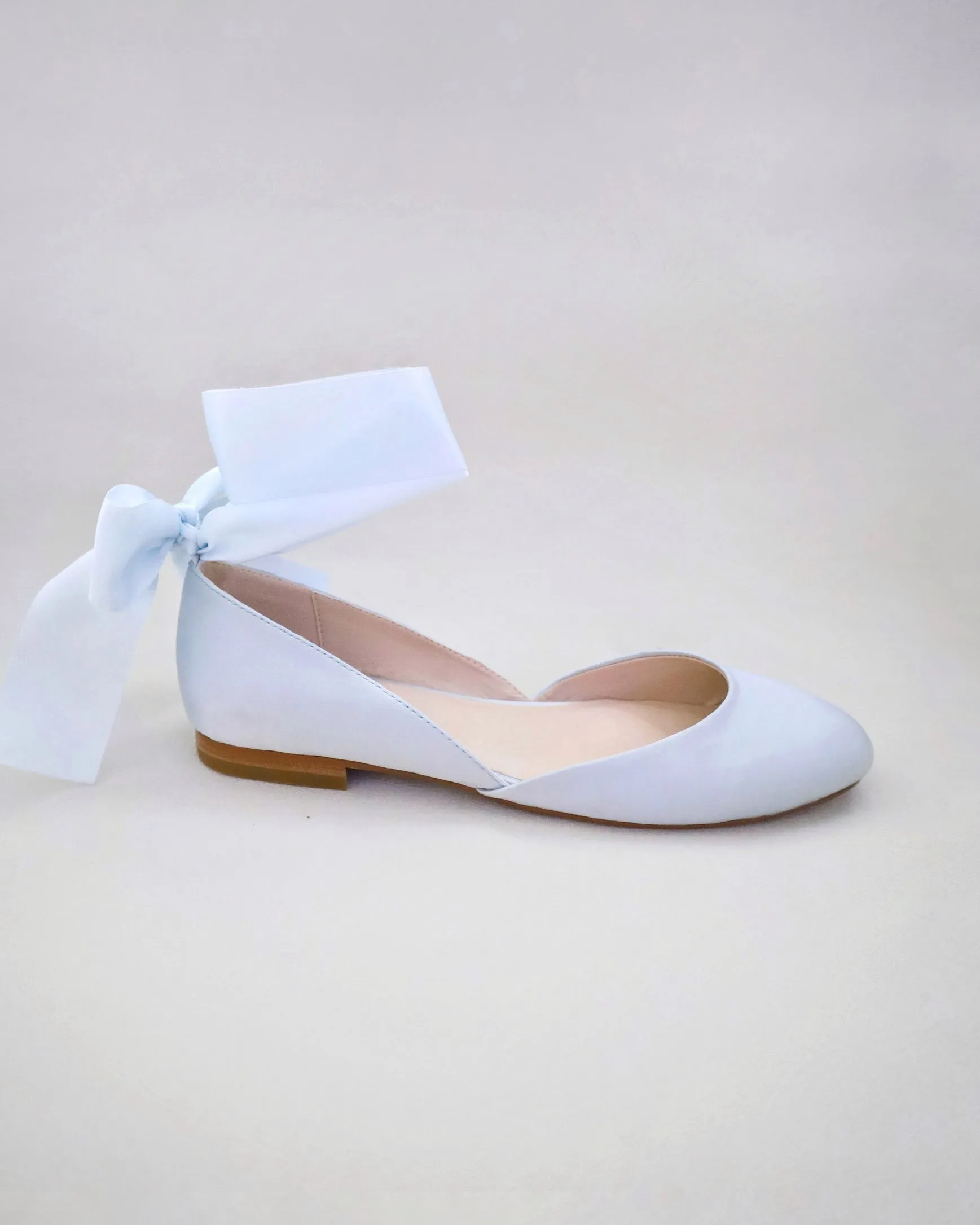 Satin Round Toe Bridal Flat with Wrapped Ribbon Tie
