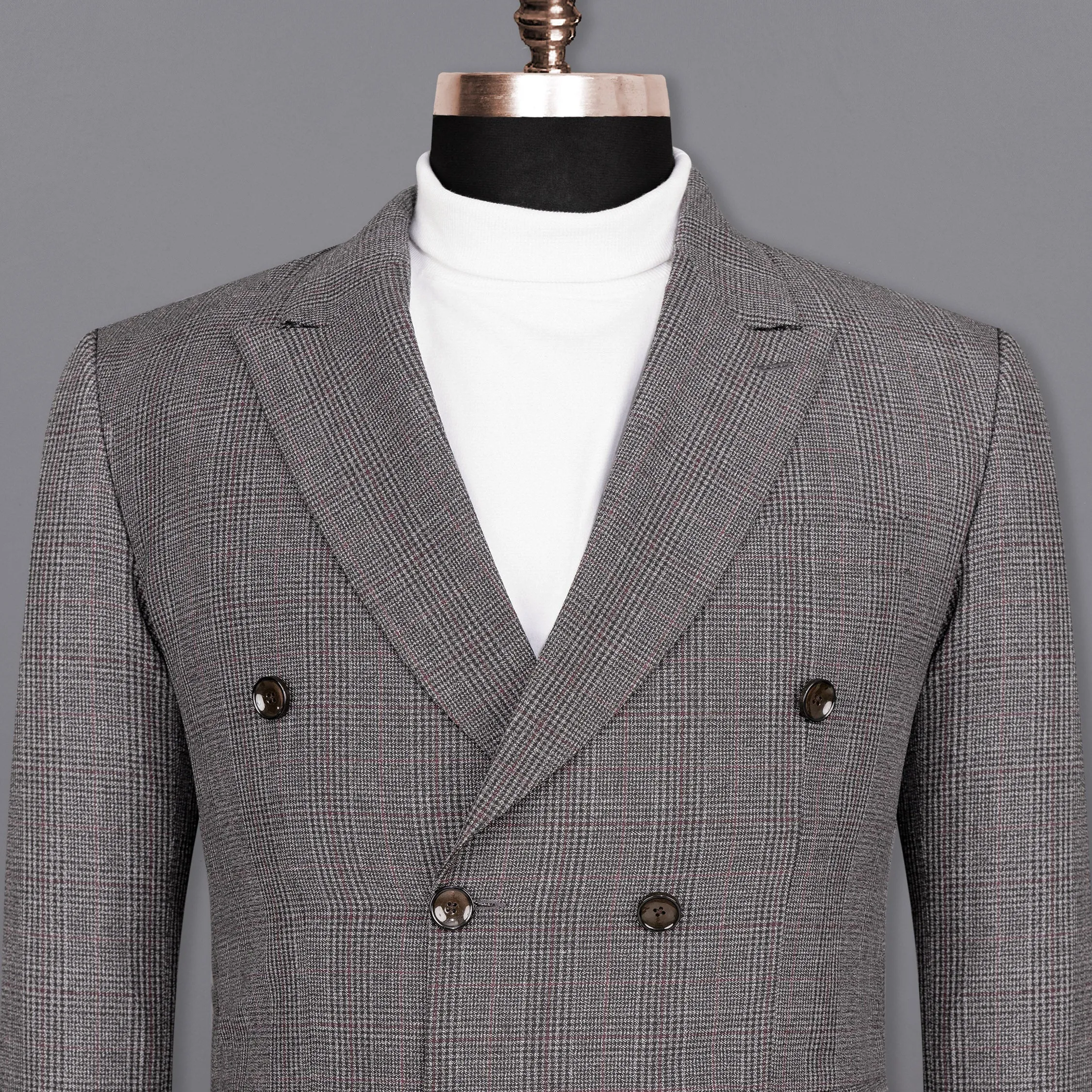 Scorpion Grey Subtle Plaid Double Breasted Wool Rich Blazer