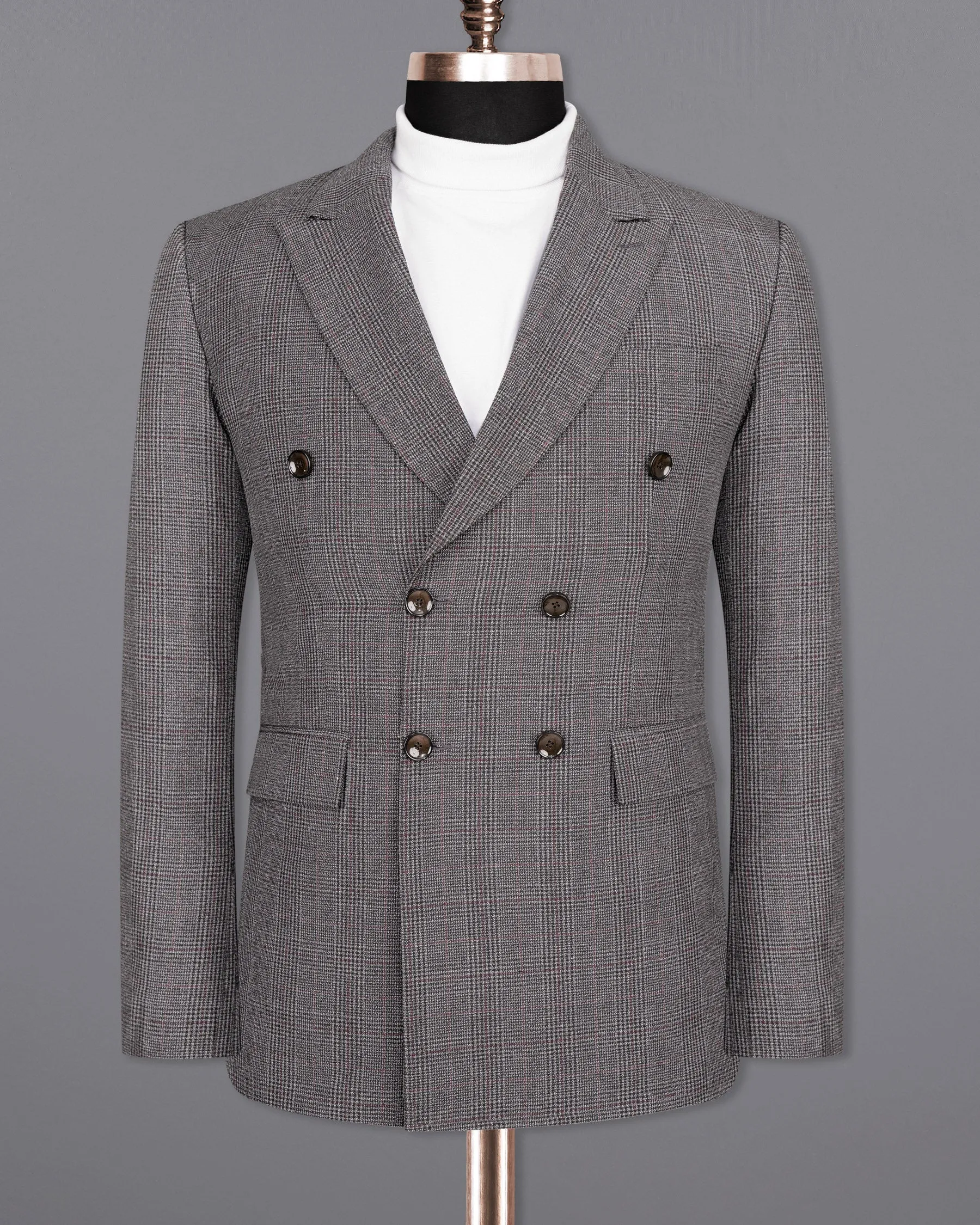 Scorpion Grey Subtle Plaid Double Breasted Wool Rich Blazer