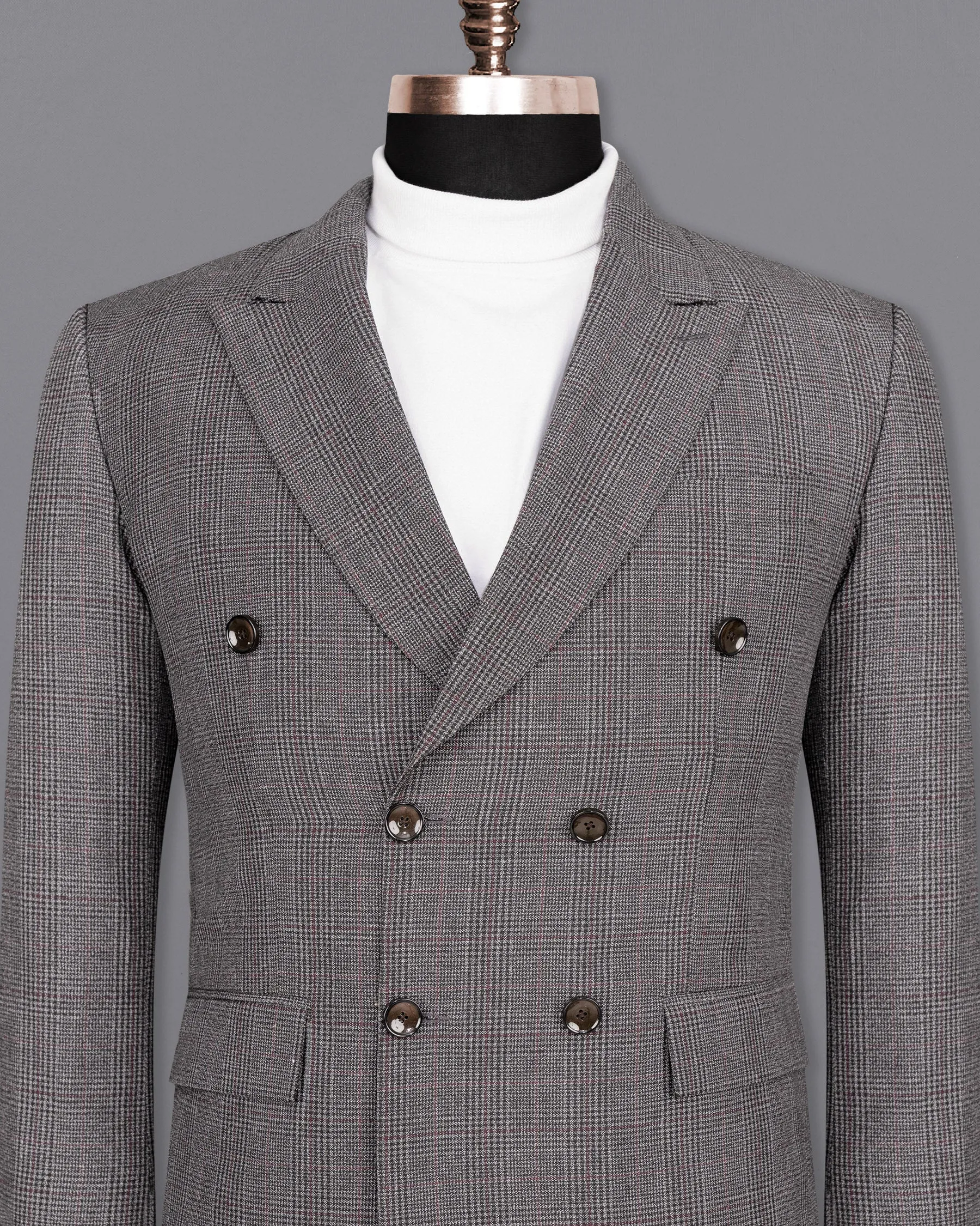 Scorpion Grey Subtle Plaid Double Breasted Wool Rich Blazer