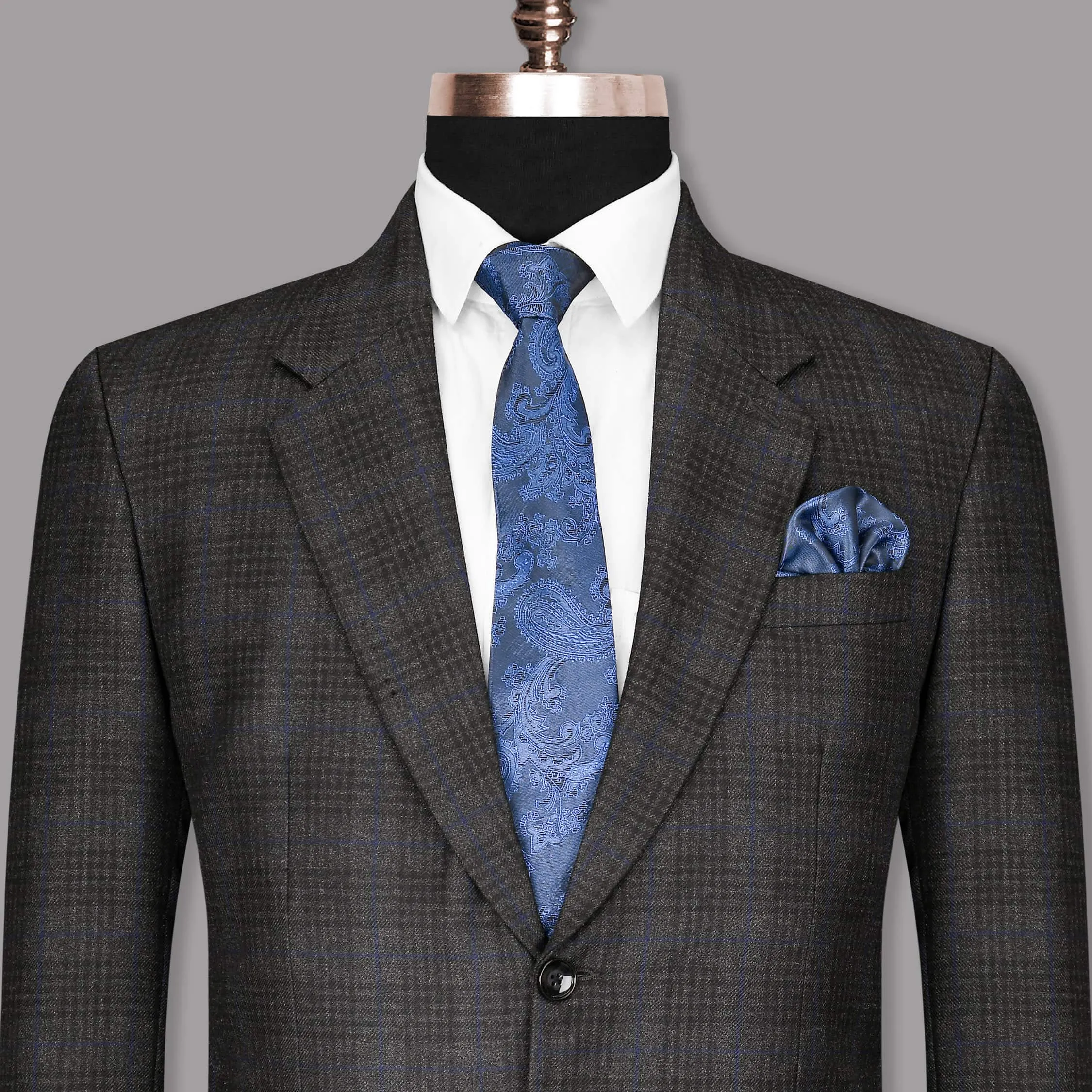 Shark Grey Plaid with Bunting Blue Windowpane Wool Rich Blazer