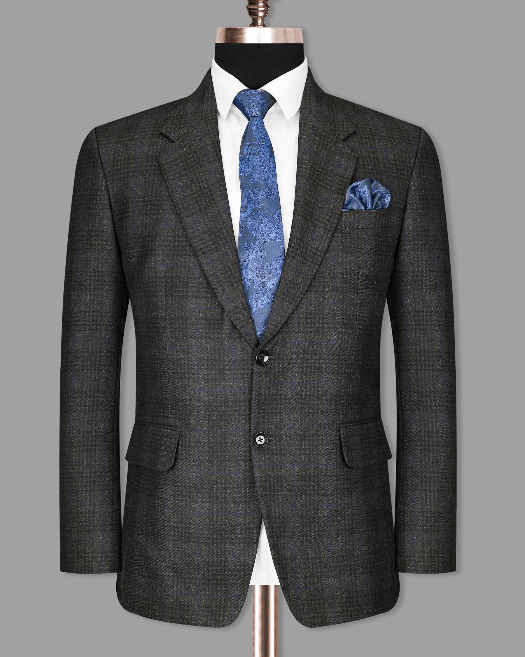 Shark Grey Plaid with Bunting Blue Windowpane Wool Rich Blazer