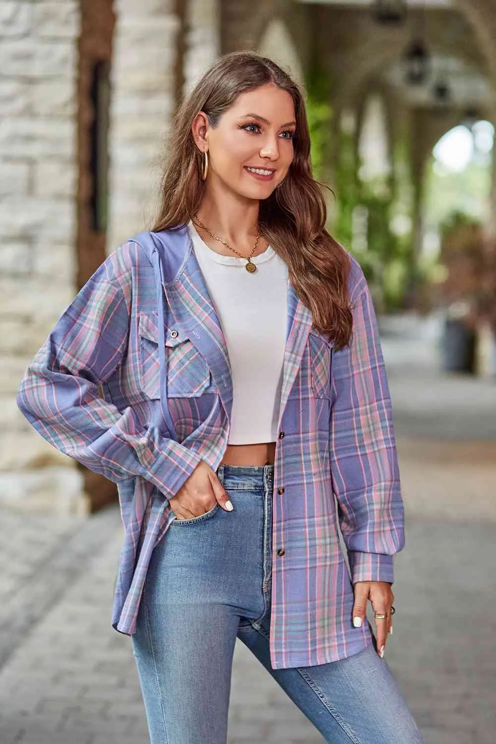 Shelbie Plaid Long Sleeve Hooded Jacket