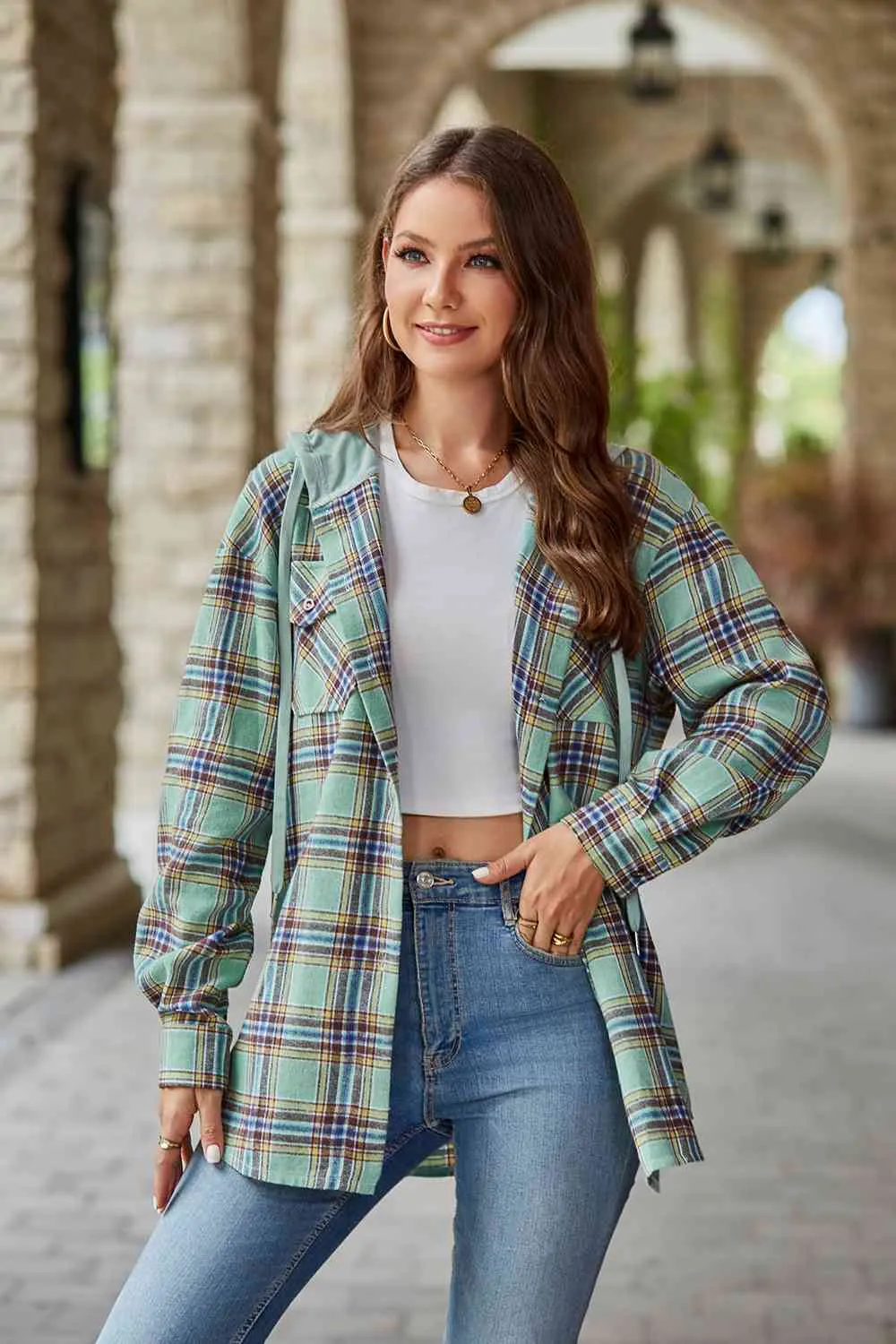 Shelbie Plaid Long Sleeve Hooded Jacket