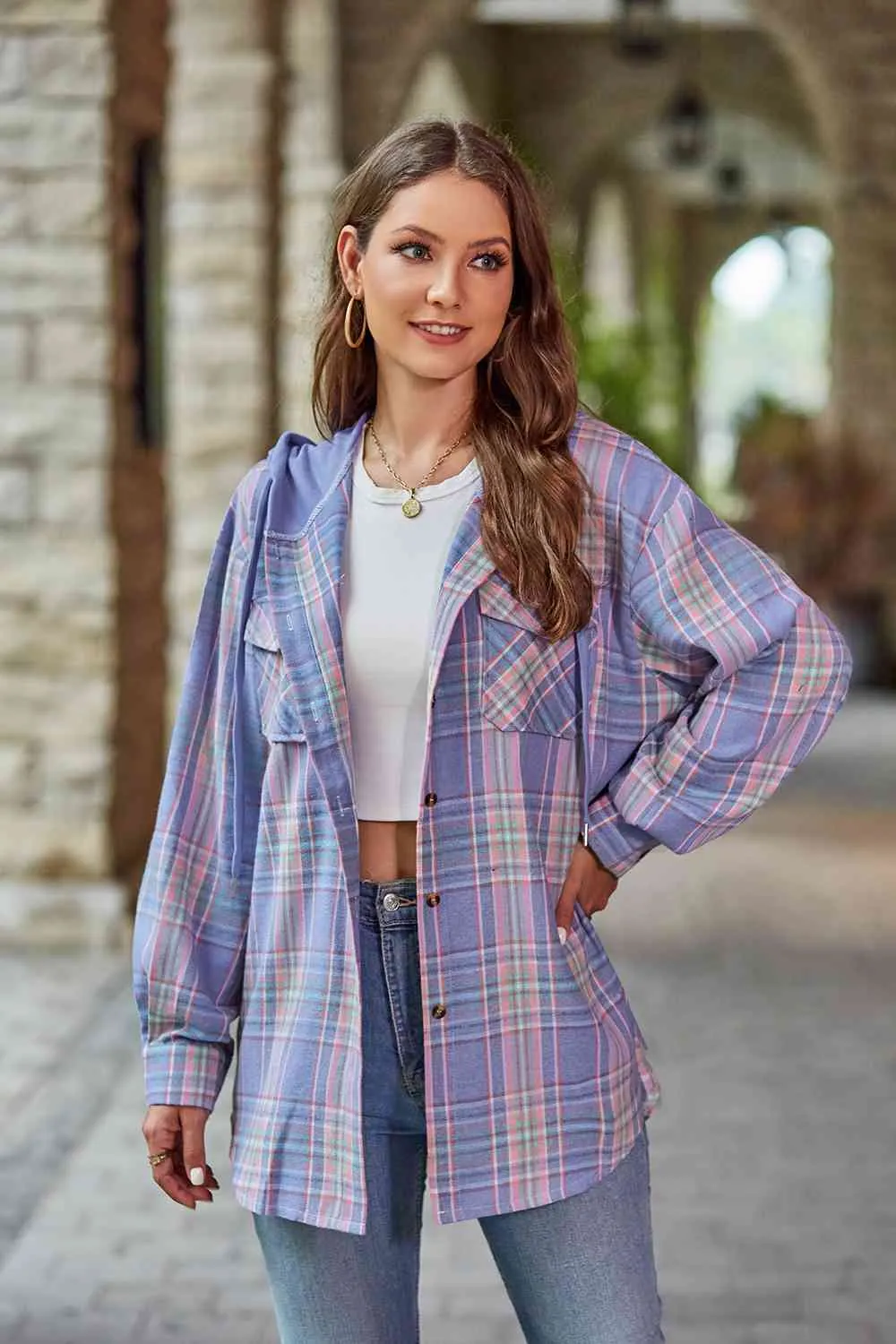 Shelbie Plaid Long Sleeve Hooded Jacket