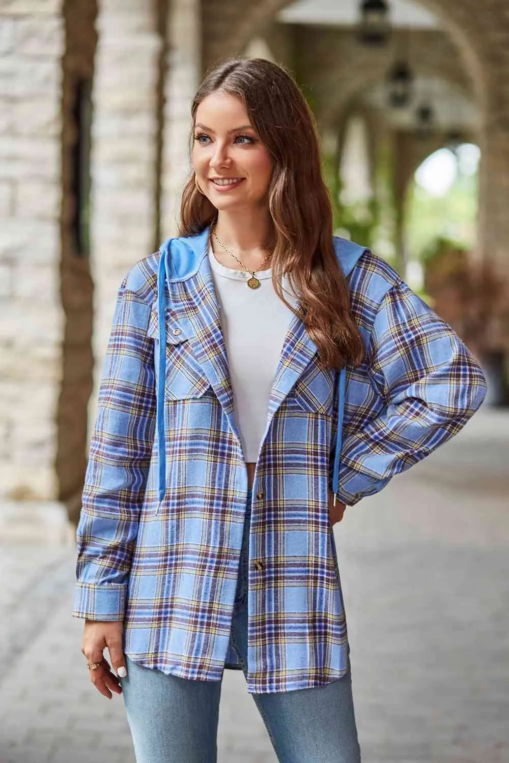 Shelbie Plaid Long Sleeve Hooded Jacket