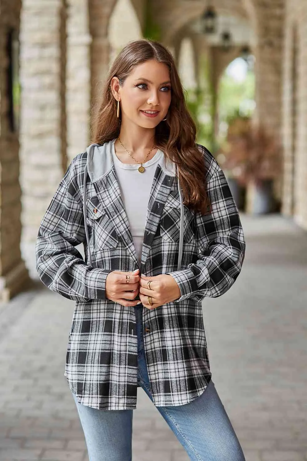 Shelbie Plaid Long Sleeve Hooded Jacket