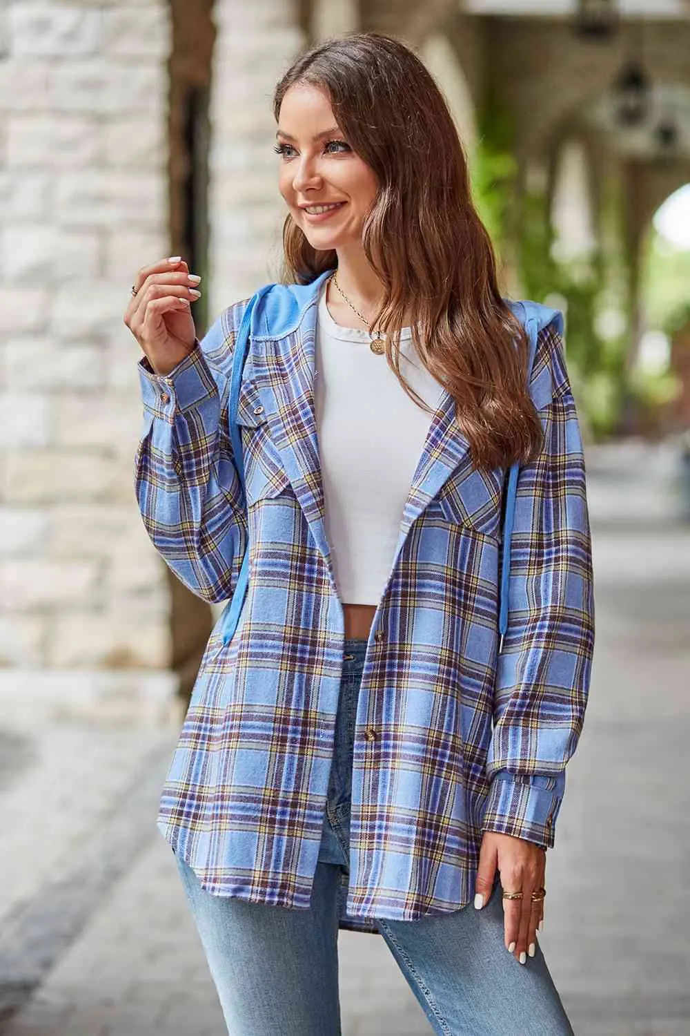 Shelbie Plaid Long Sleeve Hooded Jacket