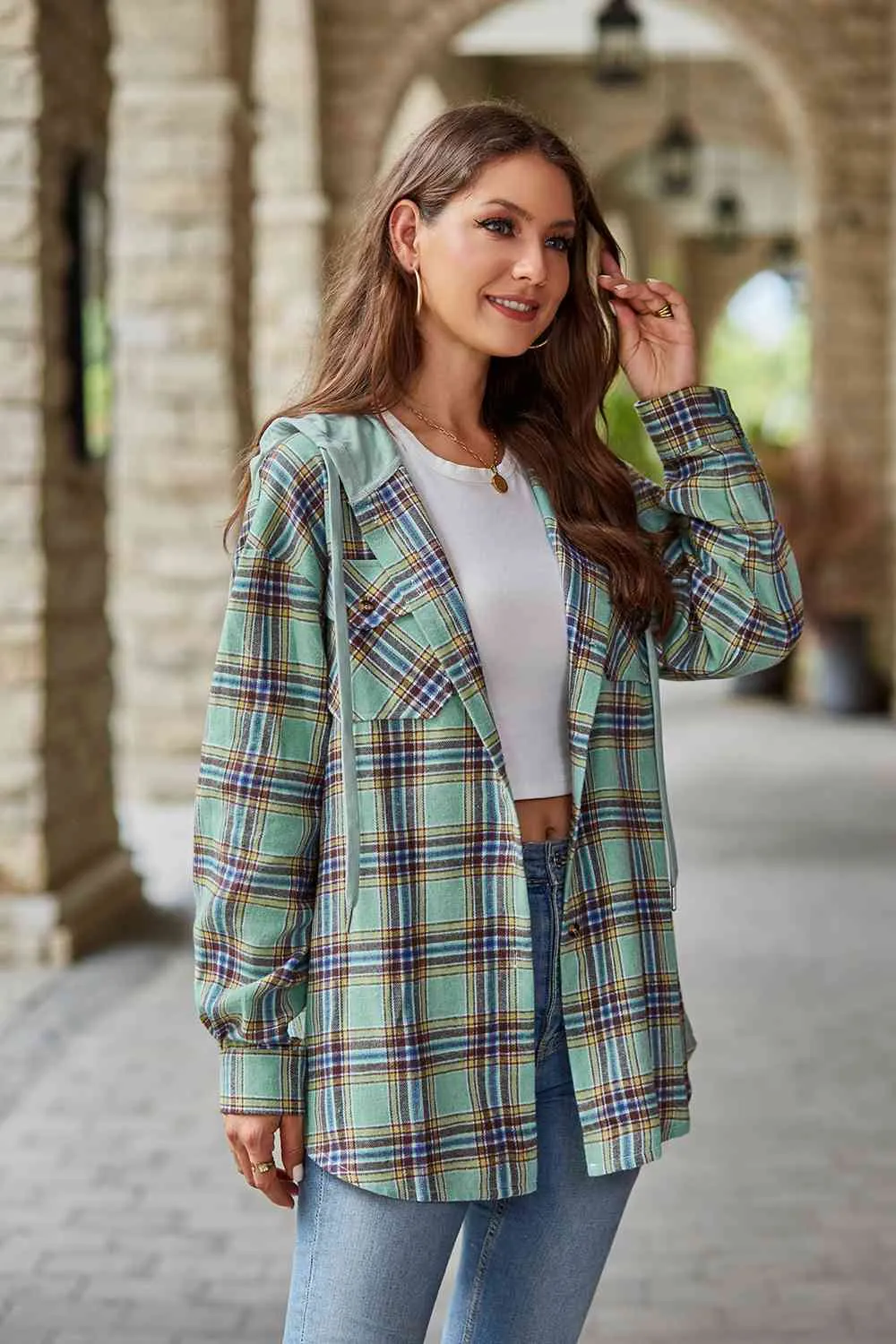 Shelbie Plaid Long Sleeve Hooded Jacket