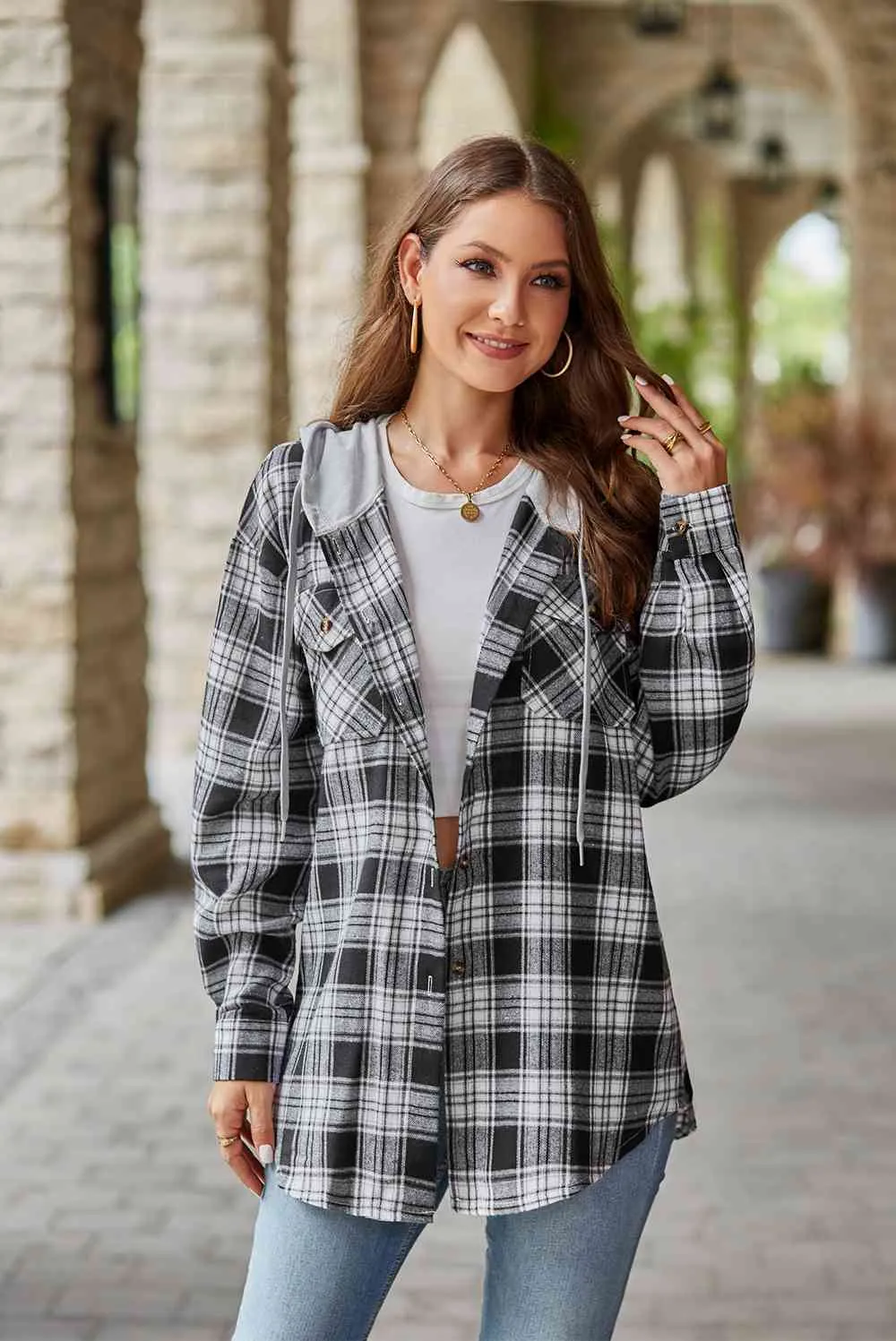 Shelbie Plaid Long Sleeve Hooded Jacket