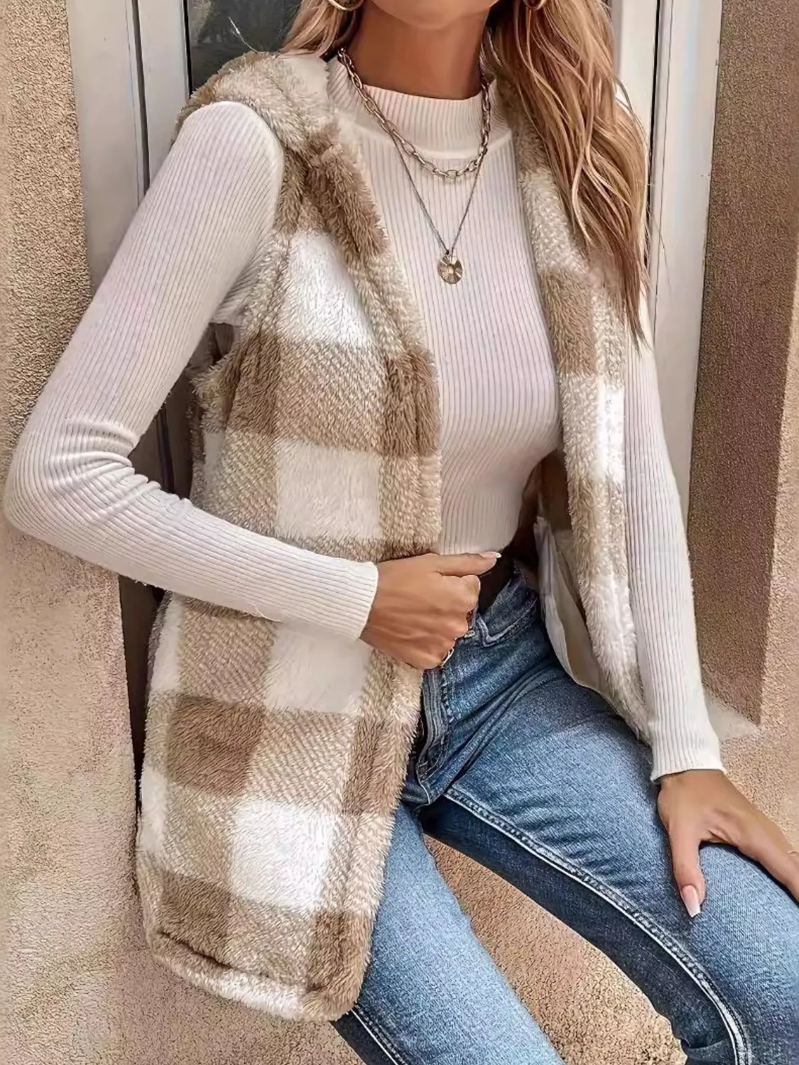 Shelby Fuzzy Plaid Hooded Vest