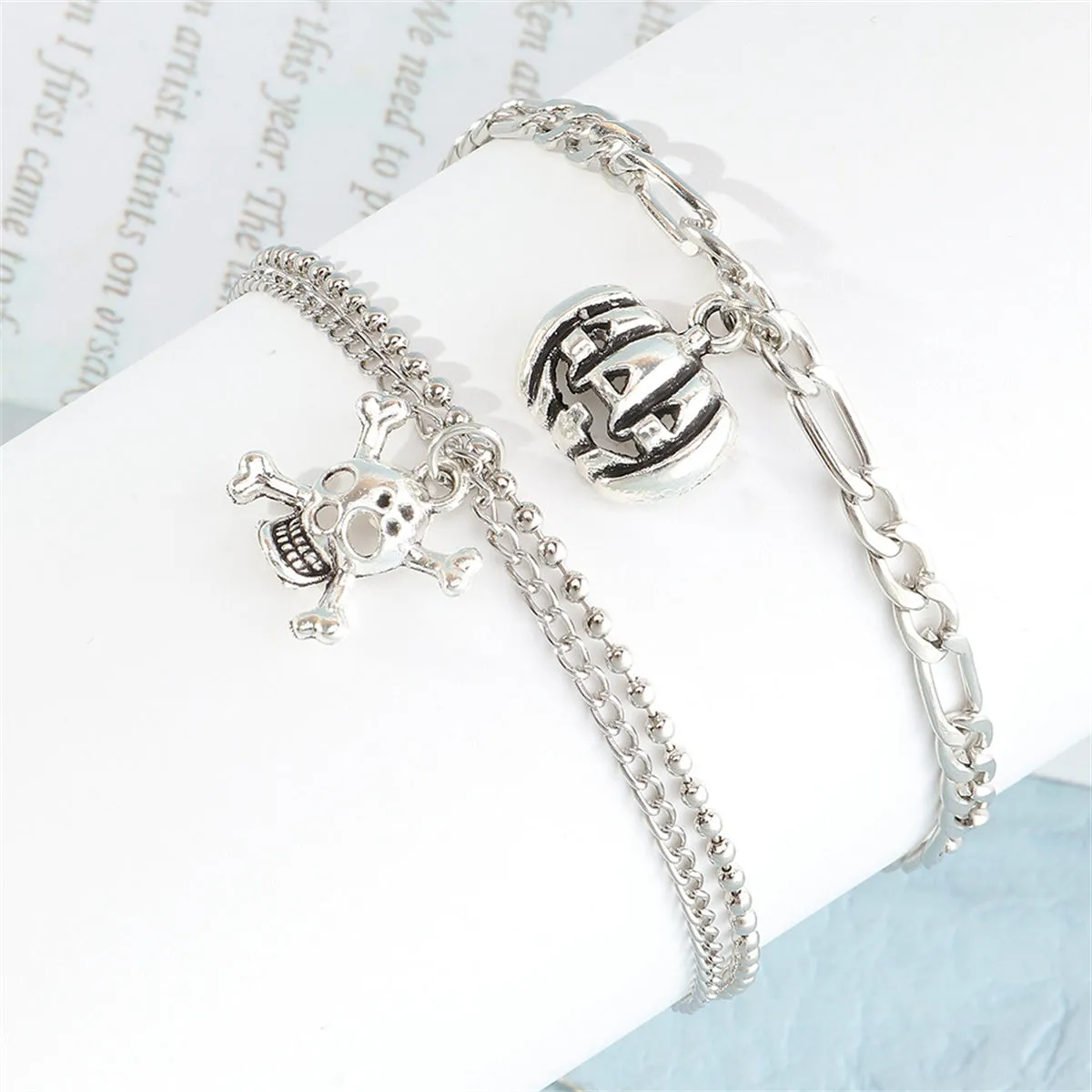 Silver-Plated Pumpkin & Skull Charm Layered Bracelet - Set Of Two