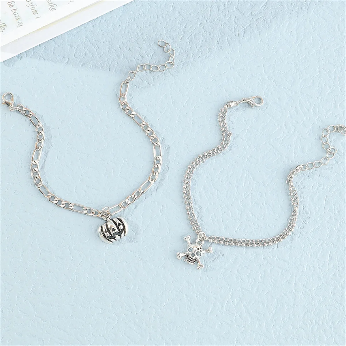 Silver-Plated Pumpkin & Skull Charm Layered Bracelet - Set Of Two