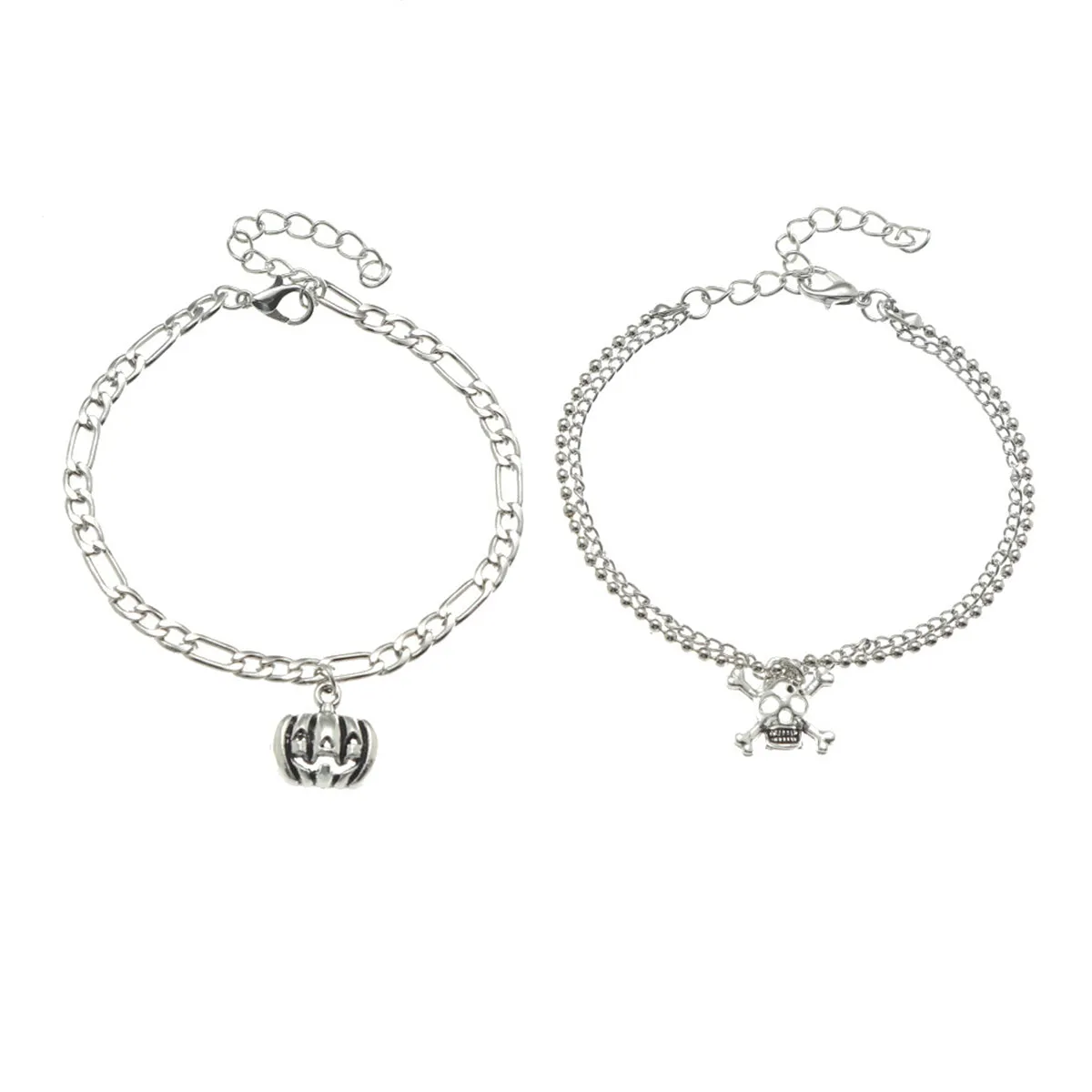 Silver-Plated Pumpkin & Skull Charm Layered Bracelet - Set Of Two