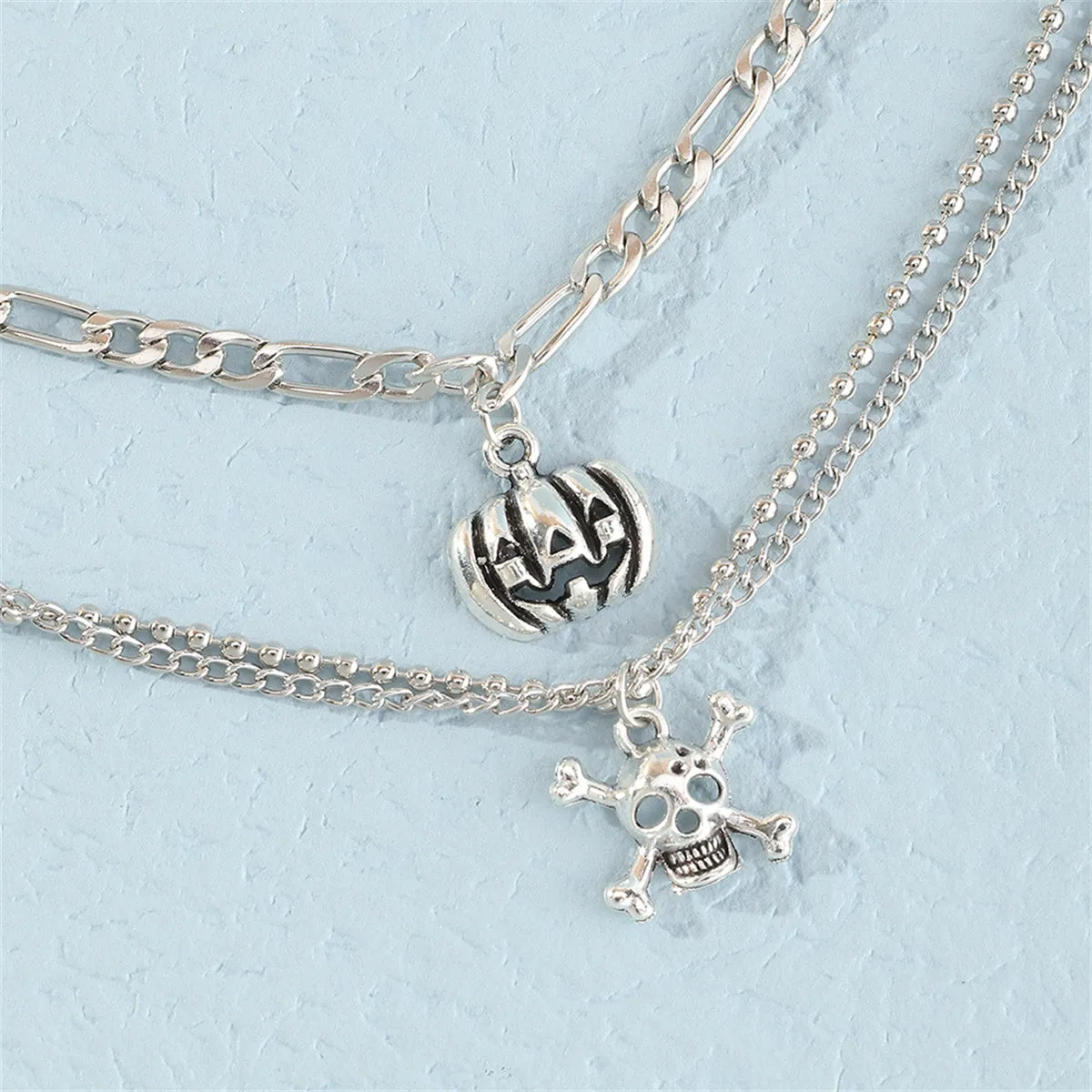 Silver-Plated Pumpkin & Skull Charm Layered Bracelet - Set Of Two