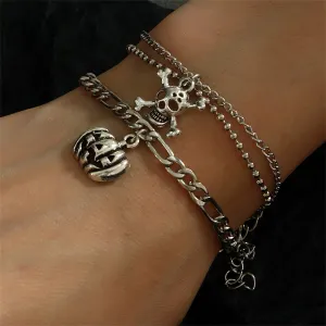 Silver-Plated Pumpkin & Skull Charm Layered Bracelet - Set Of Two