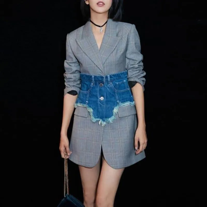 Singe Button Plaid With Denim Wide Belt Long Sleeve Slim Tunic High Waist  Streetwear Blazer
