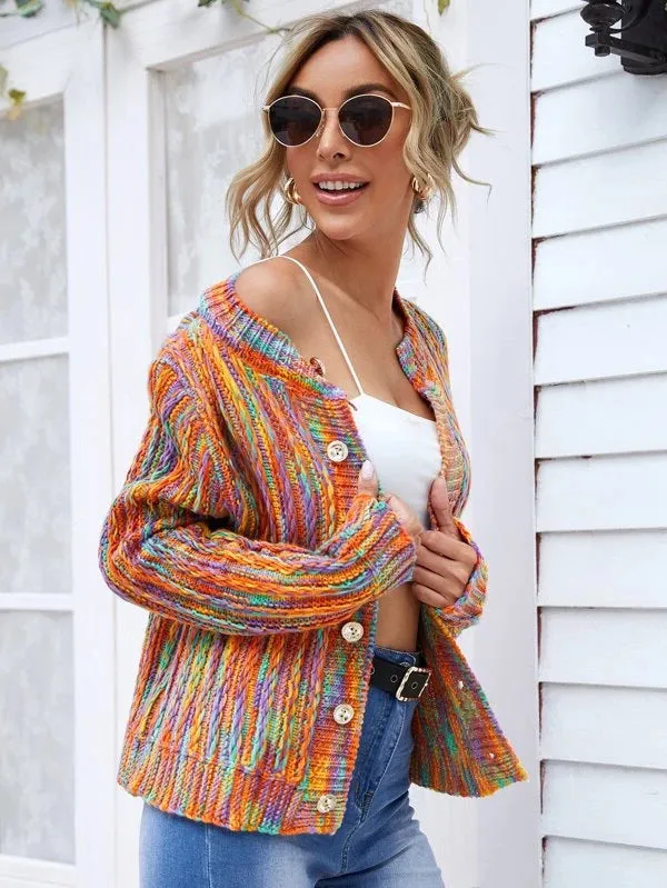Single-breasted Contrast Color Outerwear Sweater Knit Cardigan