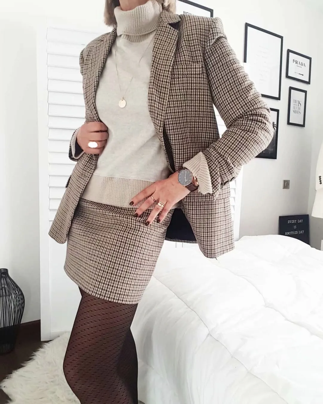 Single-breasted Houndstooth Coat Blazer Skirt Two-piece Suit