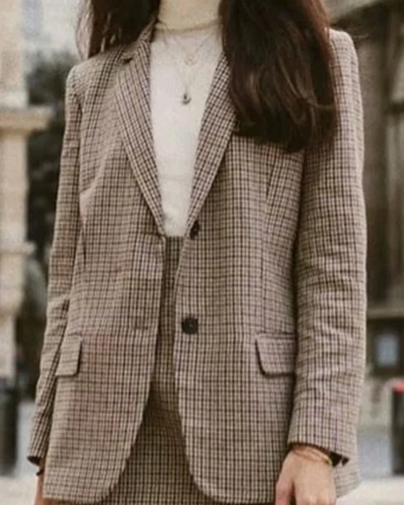 Single-breasted Houndstooth Coat Blazer Skirt Two-piece Suit