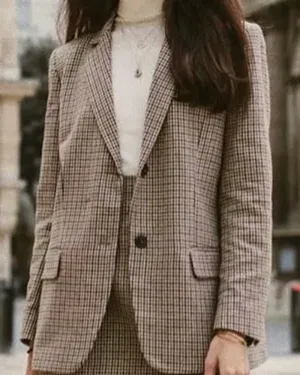 Single-breasted Houndstooth Coat Blazer Skirt Two-piece Suit