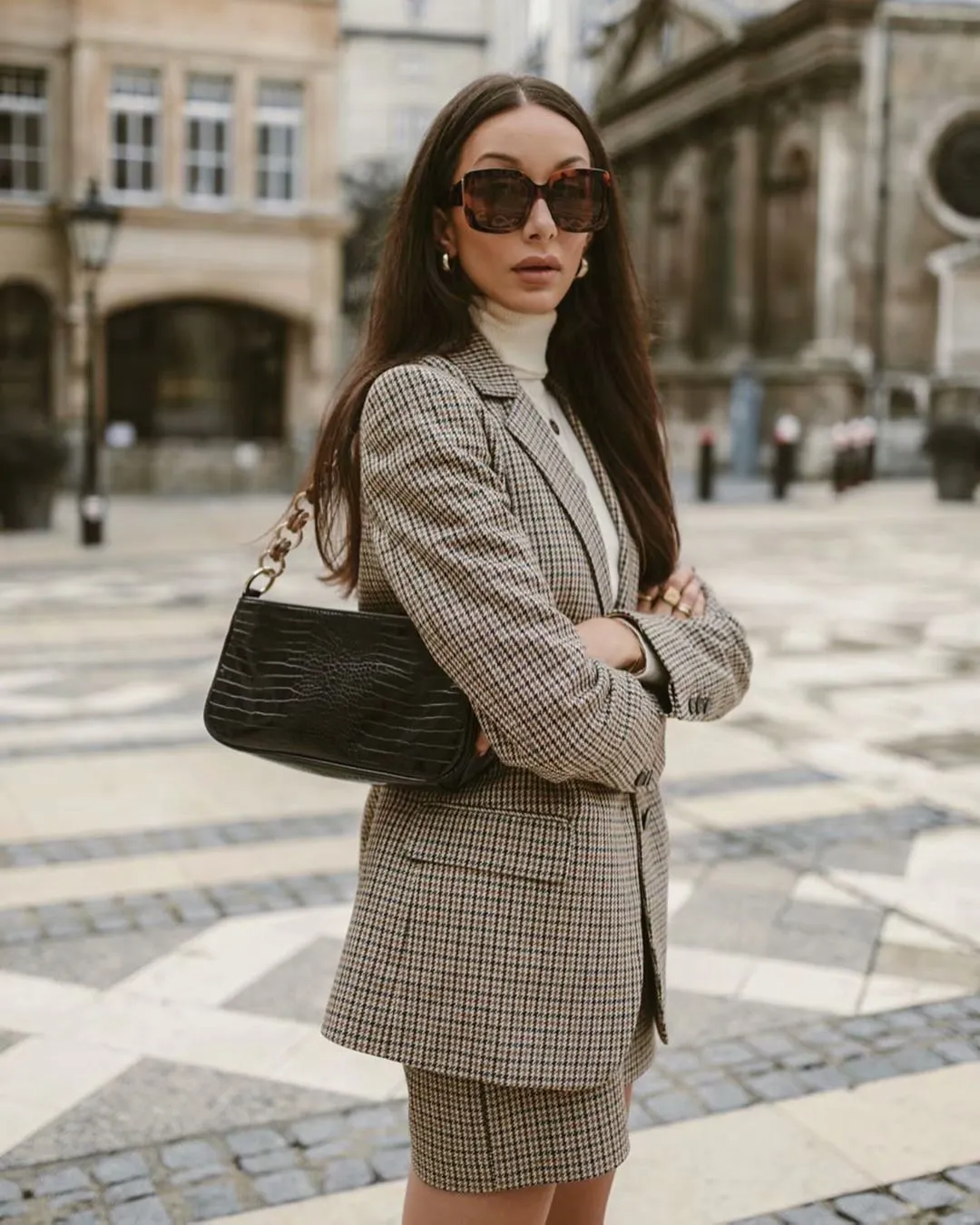 Single-breasted Houndstooth Coat Blazer Skirt Two-piece Suit