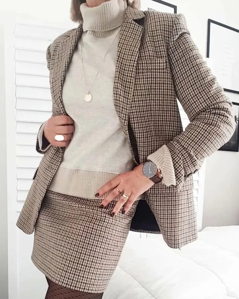 Single-breasted Houndstooth Coat Blazer Skirt Two-piece Suit