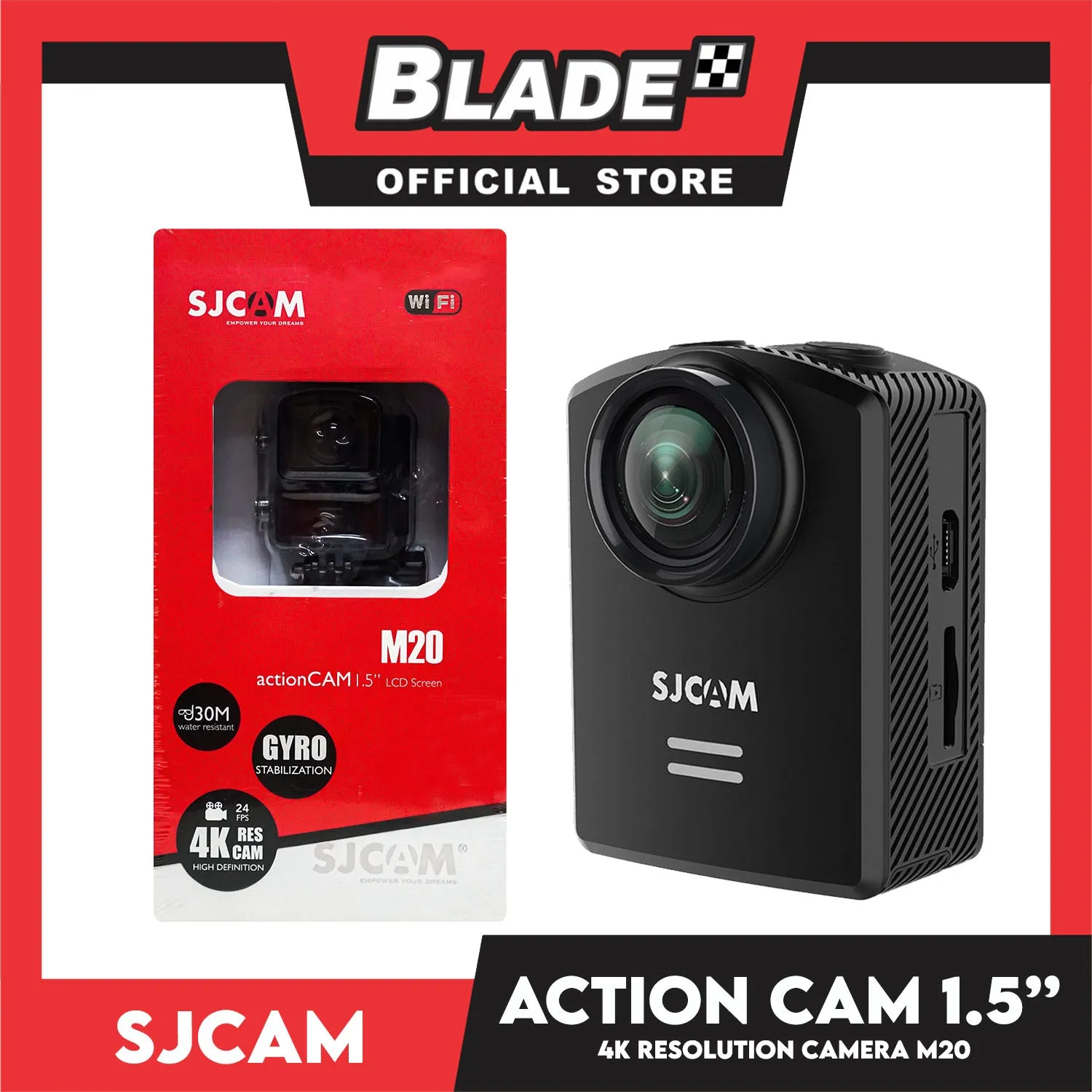 SJCAM Action Camera 1.5' ' LCD Screen M20 Water Resistant, Gyro Stabilization, 24 FPS 4K Resolution Camera High Definition (Black) 166 Wide Angles, 16 Mega Pixel