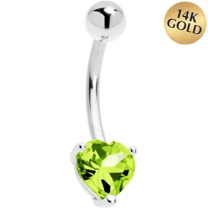 Solid 14KT White Gold Genuine Peridot Heart Solitaire Belly Ring
