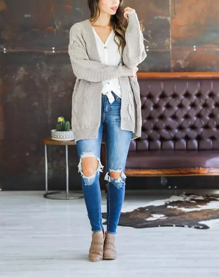 Solid Color Knit Long Cardigan Plus Size S-3XL